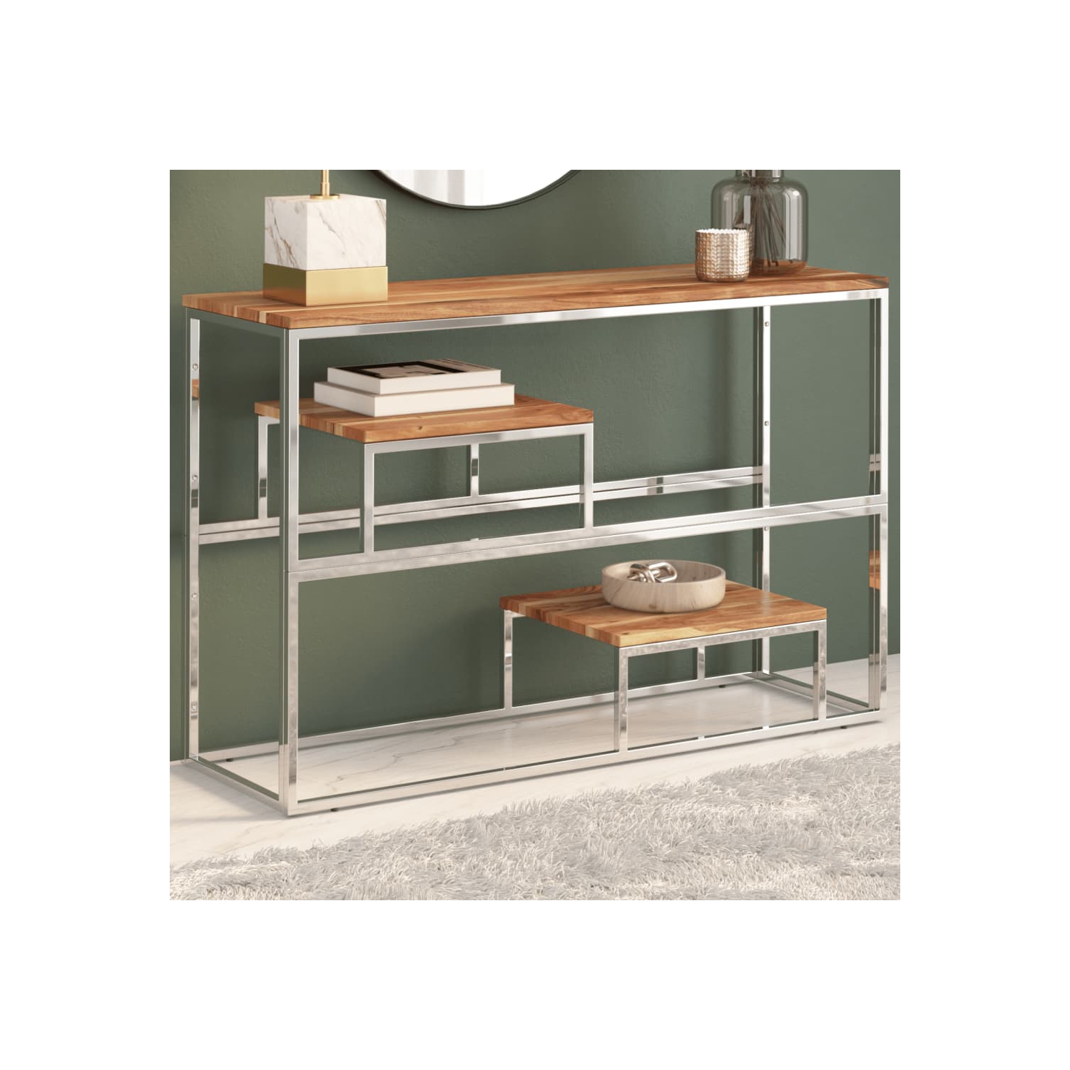 vidaXL Console Table Silver Stainless Steel and Solid Acacia Wood