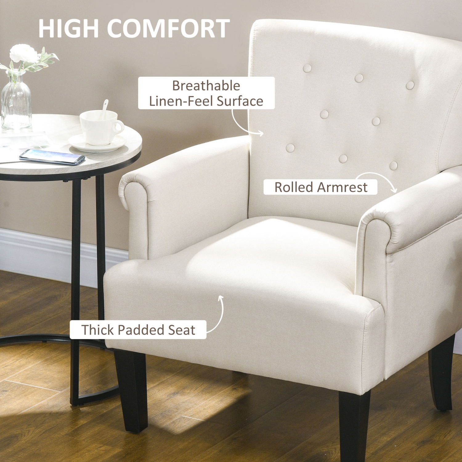 HOMCOM Fabric Accent Chair, Tufted Armchair, Upholstered Modern Living Room Chair with Wood Legs, Rolled Arms, Thick Padding for Bedroom, Cream White