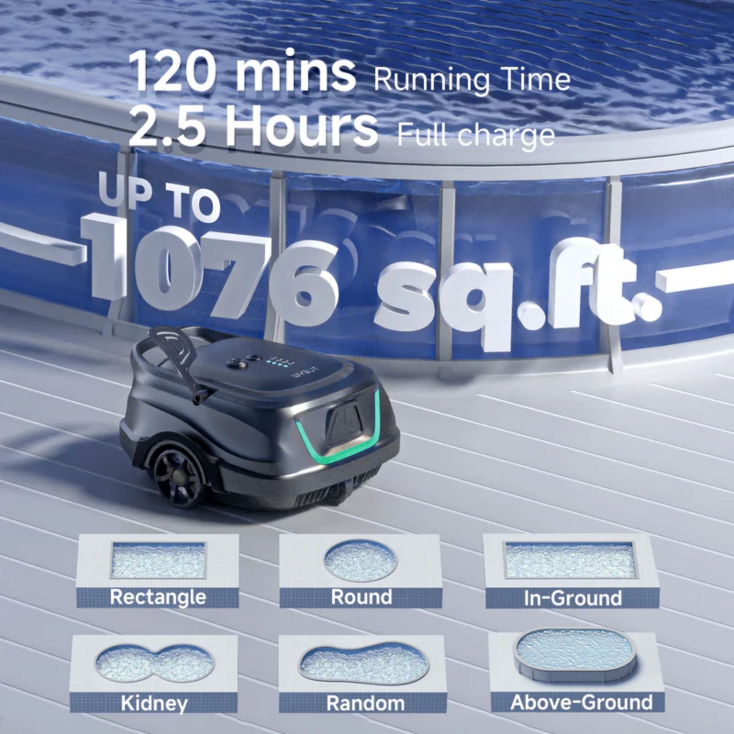 WYBOT A1 Cordless Robotic Pool Vacuum Cleaner with 120-Min Runtime for In/Above Ground up to 1100 sq. ft, 2.5 H Fast Charging, Double Filters, 4