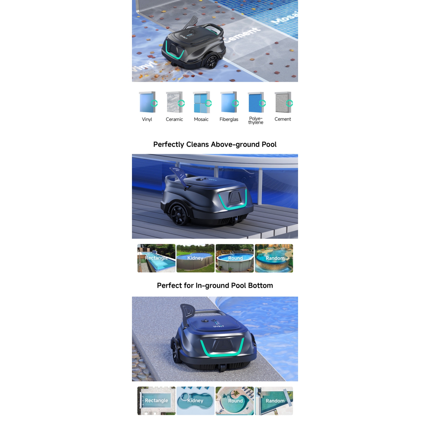 WYBOT A1 Cordless Robotic Pool Vacuum Cleaner with 120-Min Runtime for In/Above Ground up to 1100 sq. ft, 2.5 H Fast Charging, Double Filters, 4