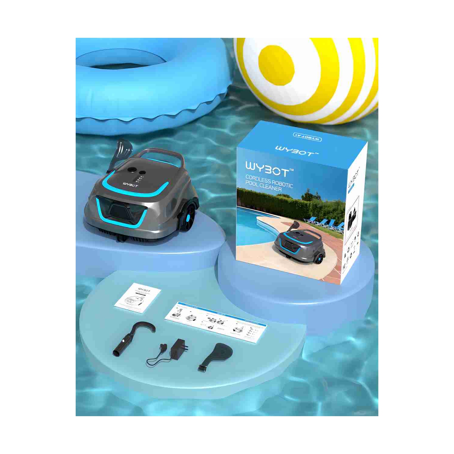 WYBOT A1 Cordless Robotic Pool Vacuum Cleaner with 120-Min Runtime for In/Above Ground up to 1100 sq. ft, 2.5 H Fast Charging, Double Filters, 4