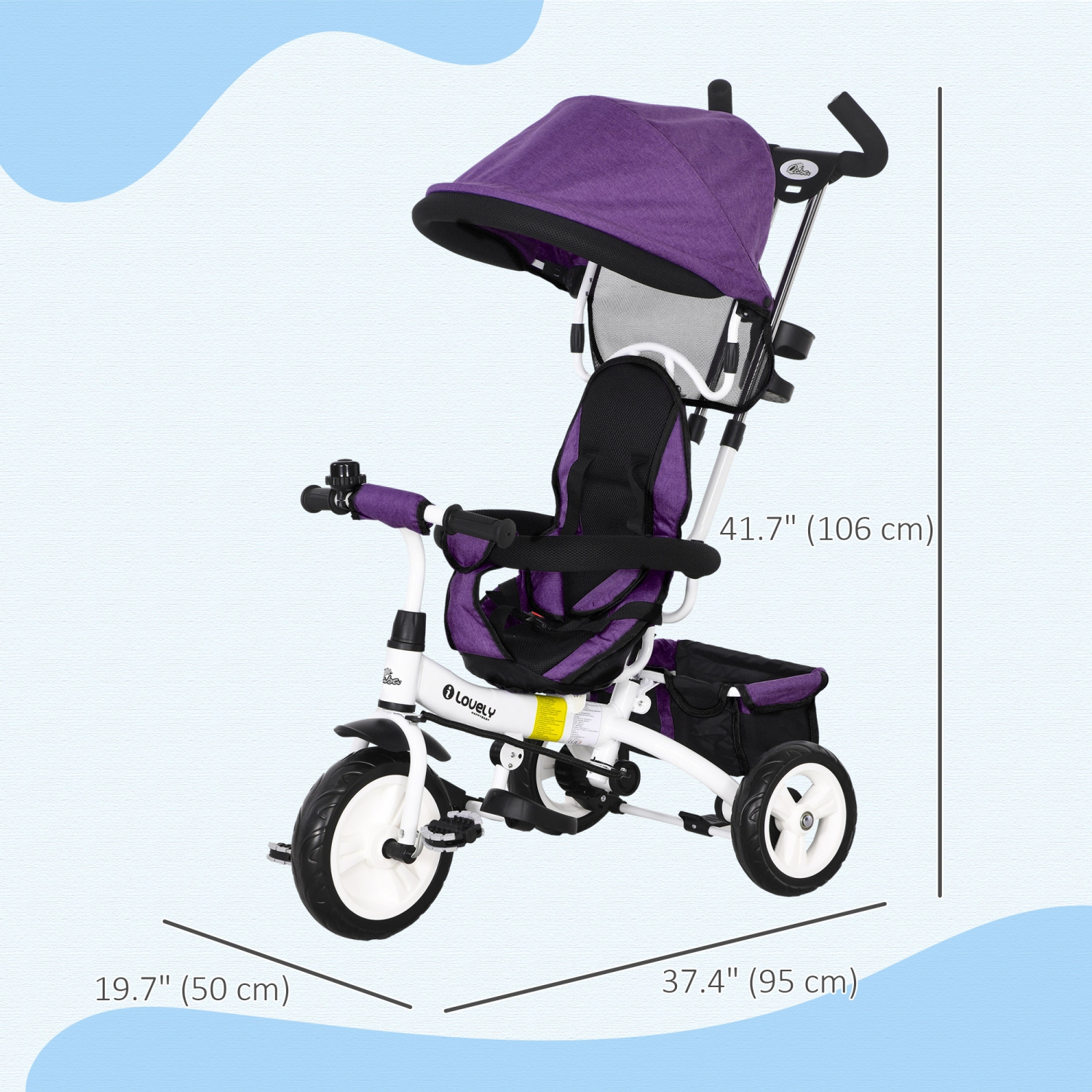 Tricycle pour tout-petit Qaba, poussette pour bébé 6-en-1 avec auvent pliable, panier de rangement, harnais de sécurité à 5 points, tricycle pour