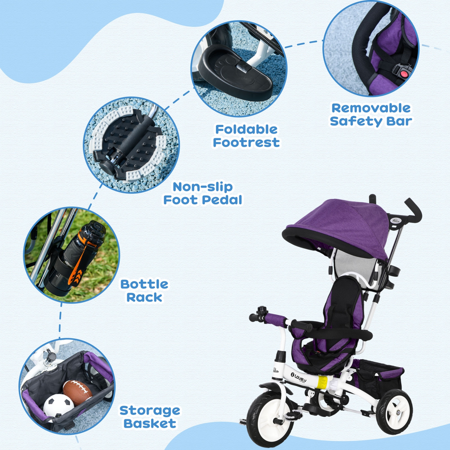 Tricycle pour tout-petit Qaba, poussette pour bébé 6-en-1 avec auvent pliable, panier de rangement, harnais de sécurité à 5 points, tricycle pour