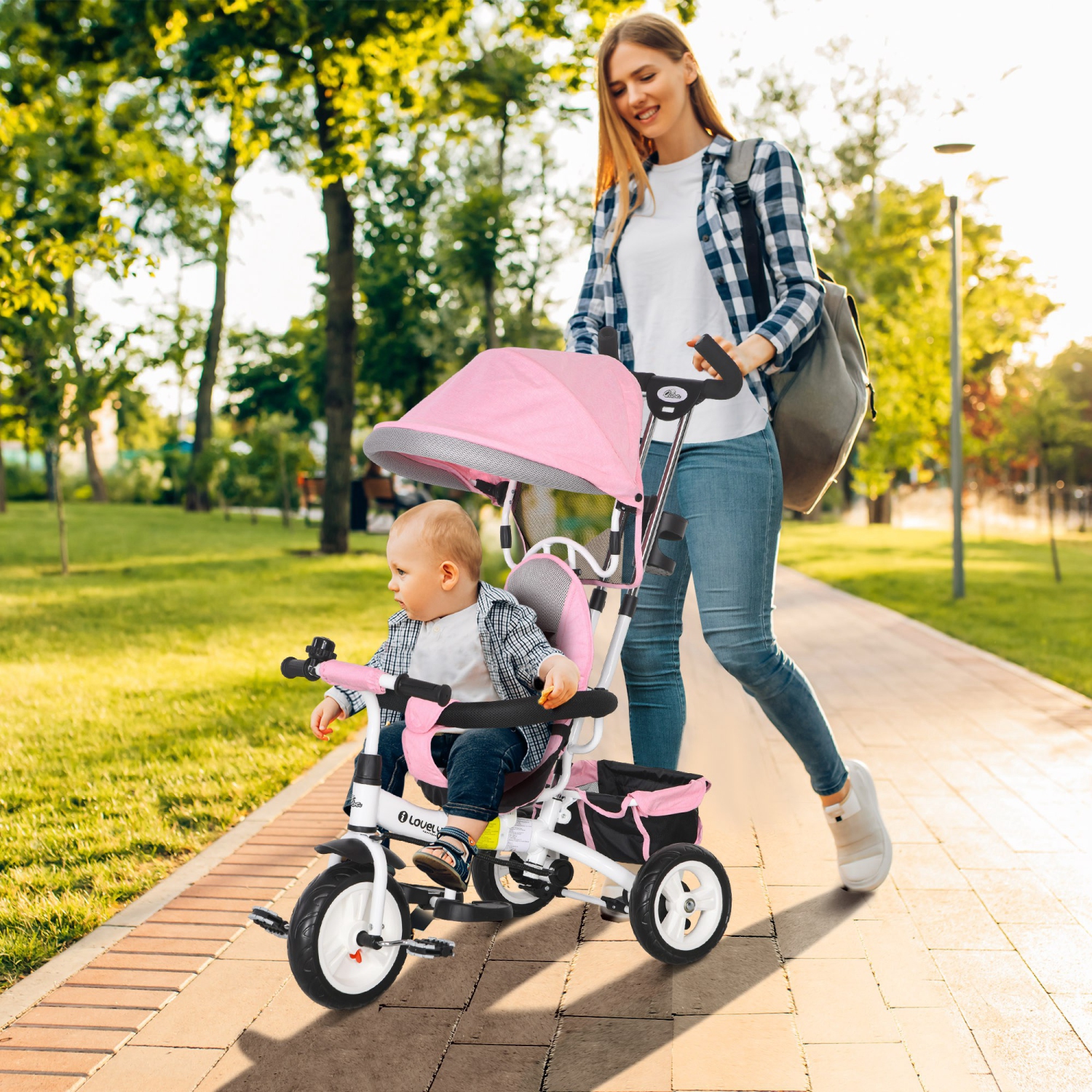 Qaba Toddler Tricycle, 6 in 1 Baby Bike Stroller with Foldable Canopy, Storage Basket, 5-point Safety Harness, Kids Trike for 1-5 Years Old, Pink