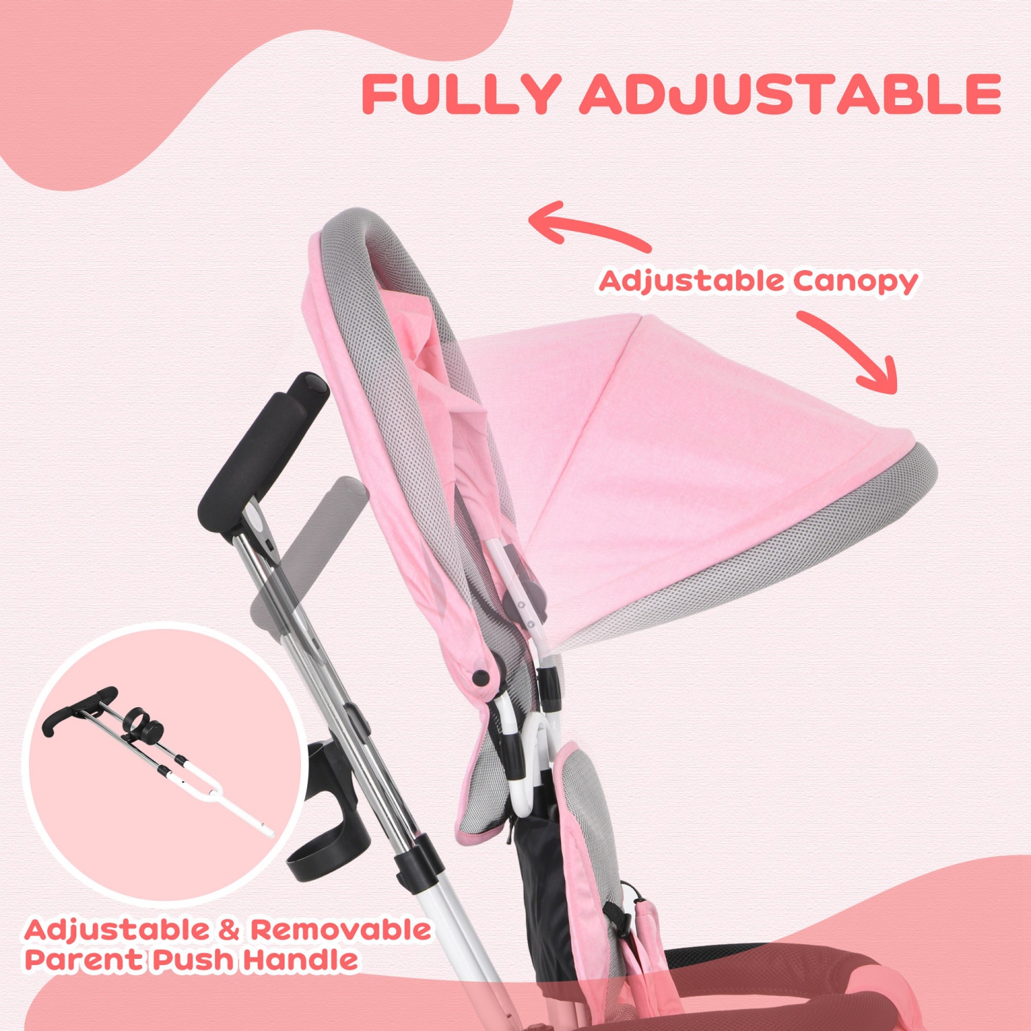 Qaba Toddler Tricycle, 6 in 1 Baby Bike Stroller with Foldable Canopy, Storage Basket, 5-point Safety Harness, Kids Trike for 1-5 Years Old, Pink