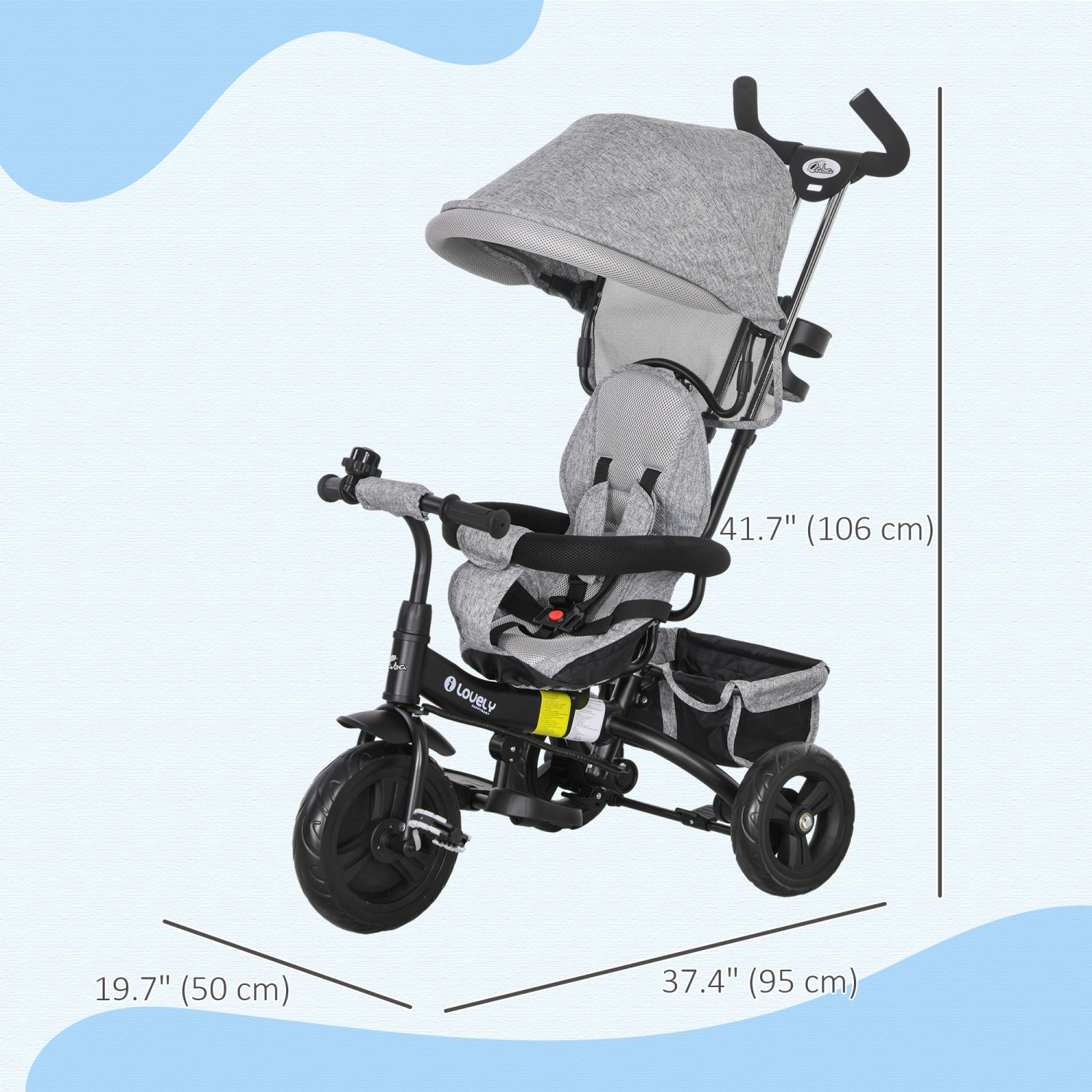 Qaba Toddler Tricycle, 6 in 1 Baby Bike Stroller with Foldable Canopy, Storage Basket, 5-point Safety Harness, Kids Trike for 1-5 Years Old, Grey