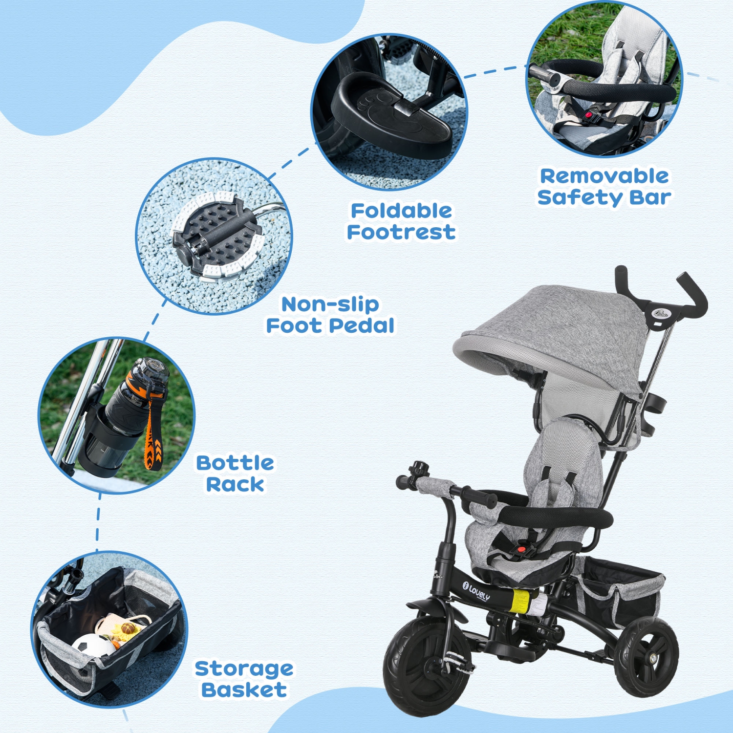 Qaba Toddler Tricycle, 6 in 1 Baby Bike Stroller with Foldable Canopy, Storage Basket, 5-point Safety Harness, Kids Trike for 1-5 Years Old, Grey