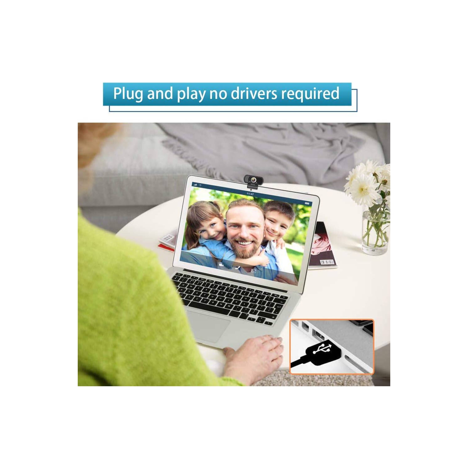 Caméra Web HD 1080P avec microphone, caméra USB pour ordinateur portatif avec trépied WidescreenTripod à 110 degrés, caméra Web Stream pour les