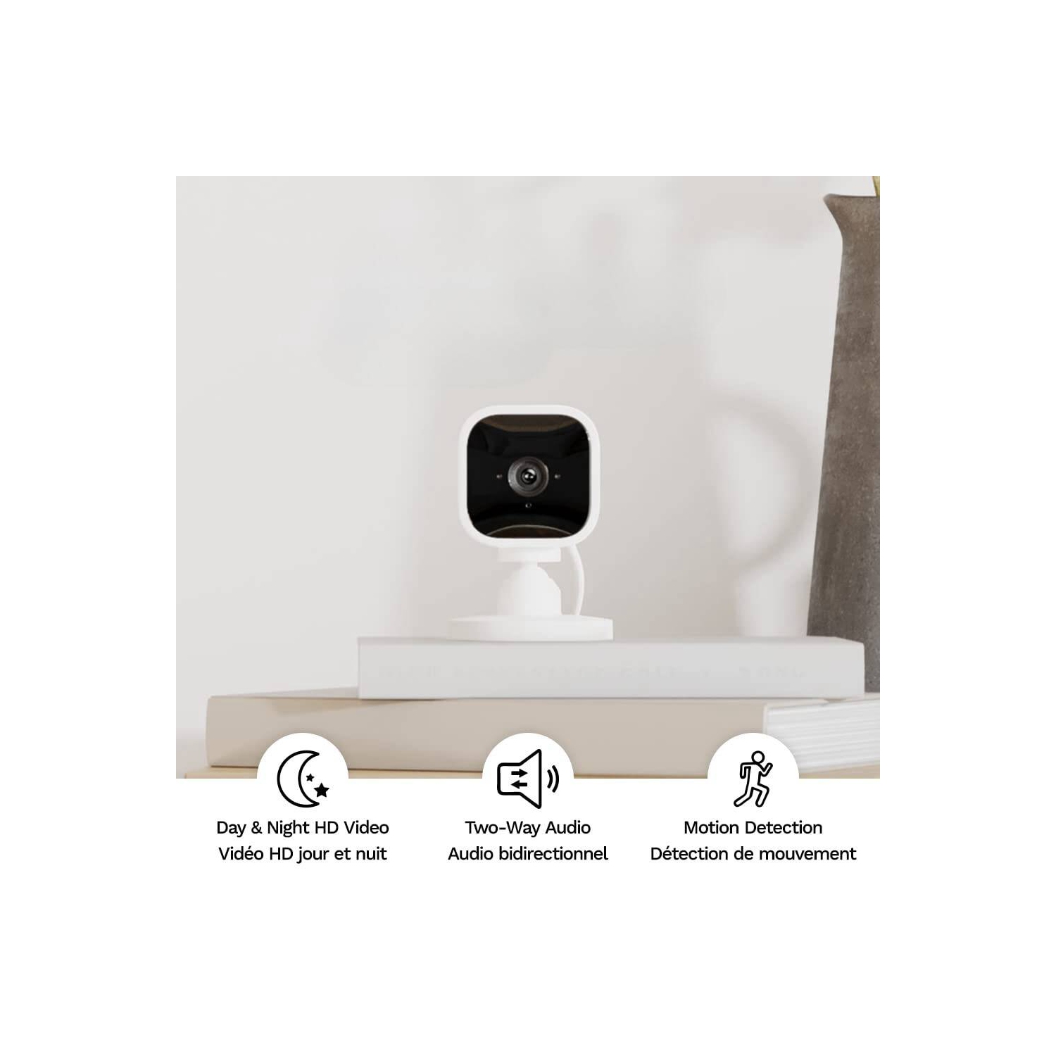 Compact indoor plug-in smart security camera, 1080p HD video, night vision, two-way audio, easy set up, Works with Alexa