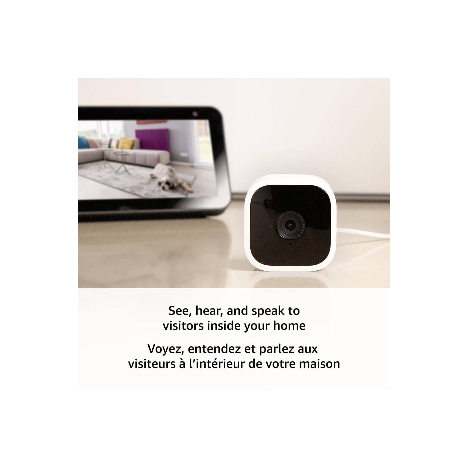 Compact indoor plug-in smart security camera, 1080p HD video, night vision, two-way audio, easy set up, Works with Alexa