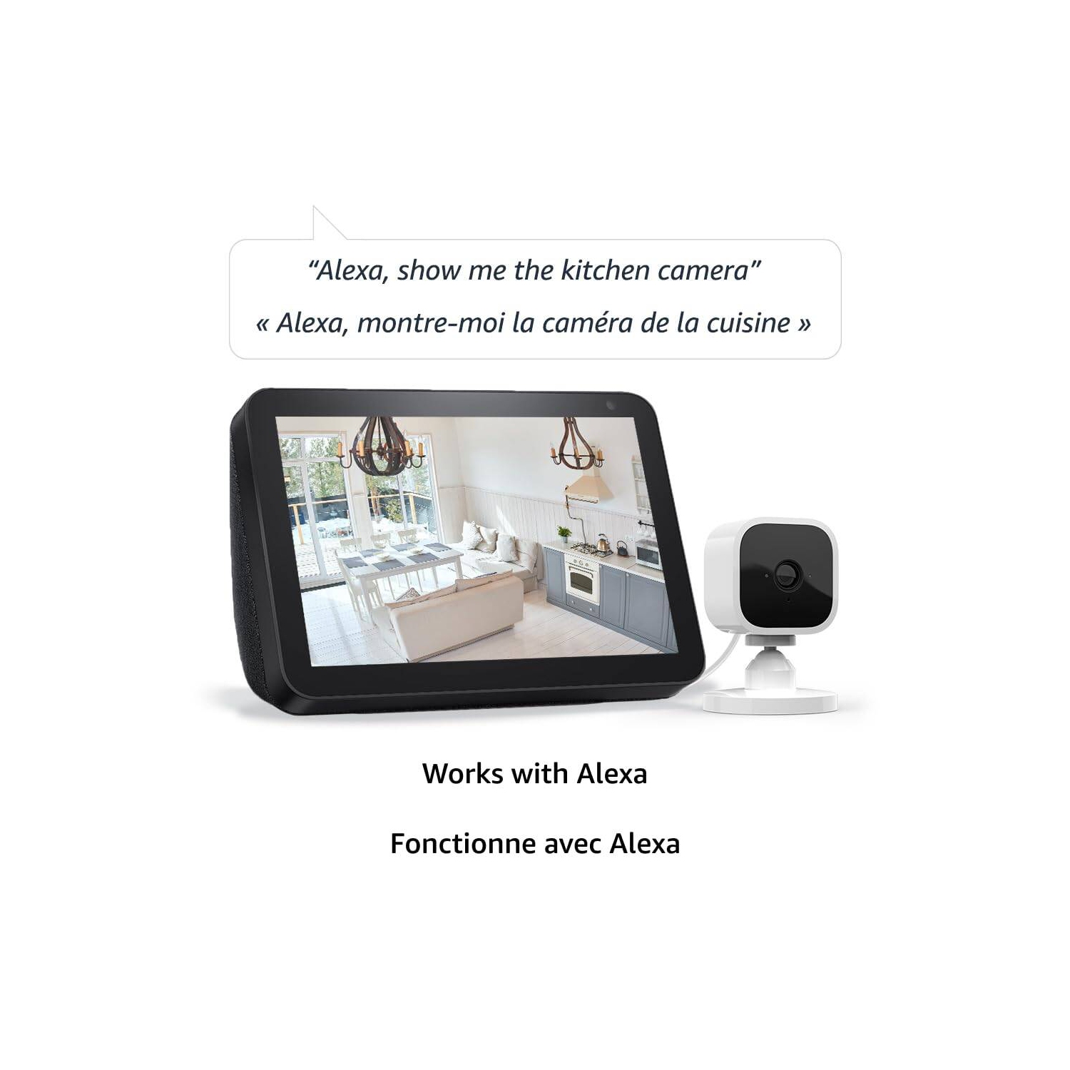 Compact indoor plug-in smart security camera, 1080p HD video, night vision, two-way audio, easy set up, Works with Alexa