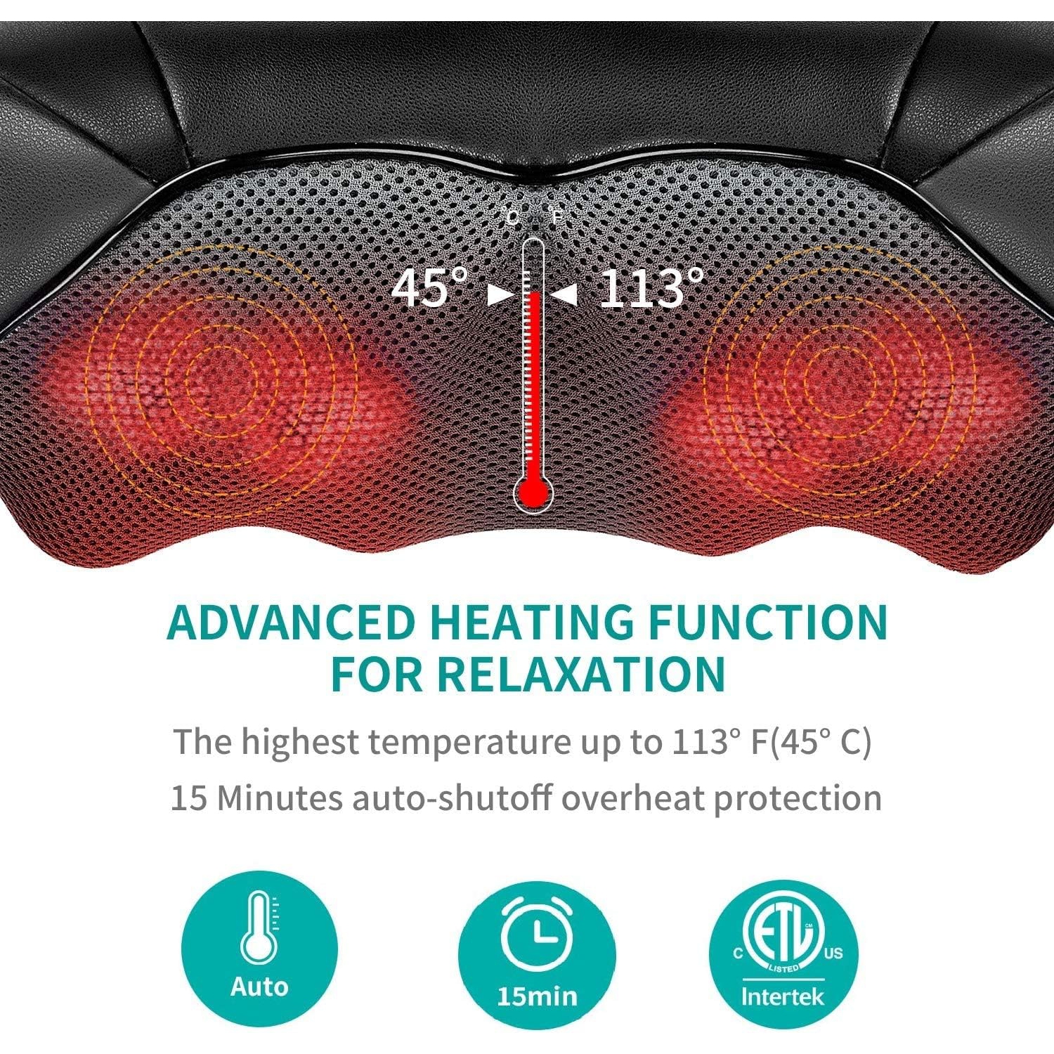 Nekteck Shiatsu Neck and Shoulder Massager with Soothing,Electric Deep Tissue 3D Kneading Massage Pillow - Black
