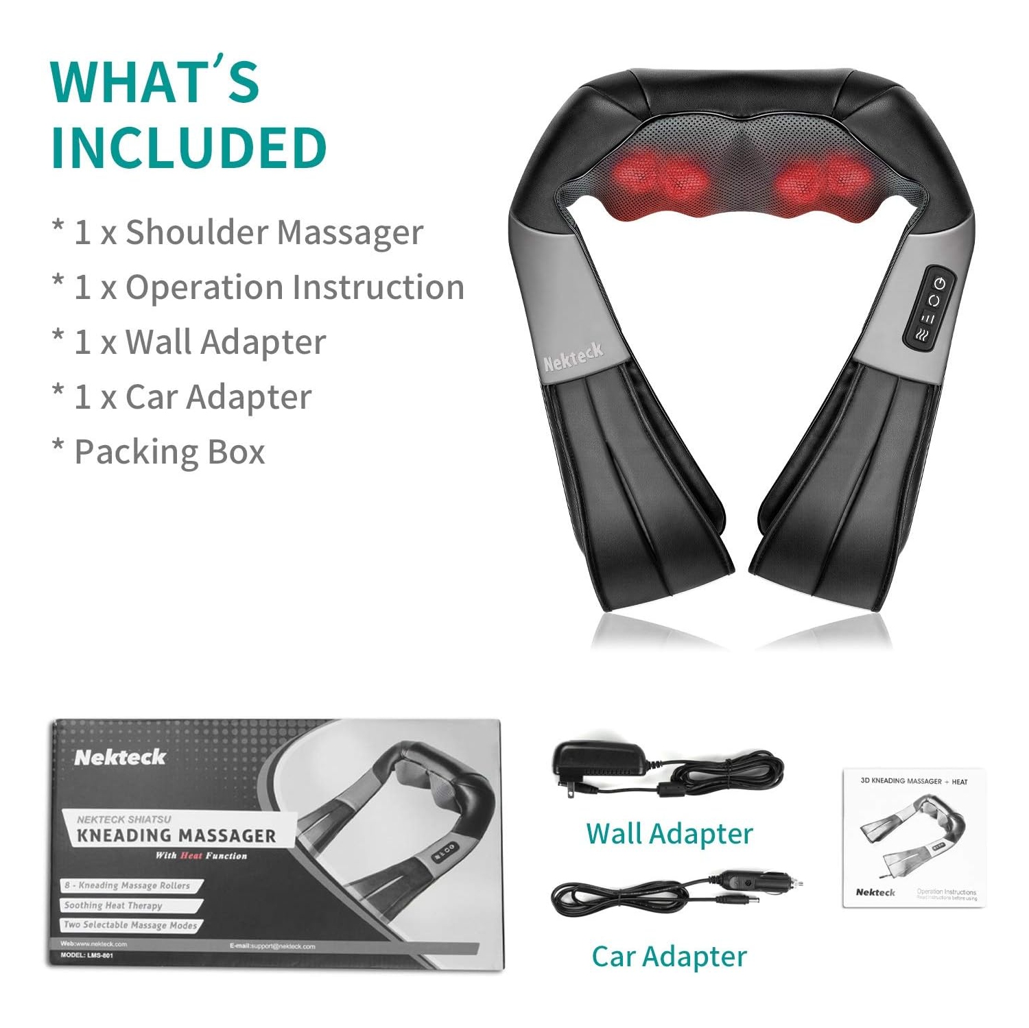 Nekteck Shiatsu Neck and Shoulder Massager with Soothing,Electric Deep Tissue 3D Kneading Massage Pillow - Black