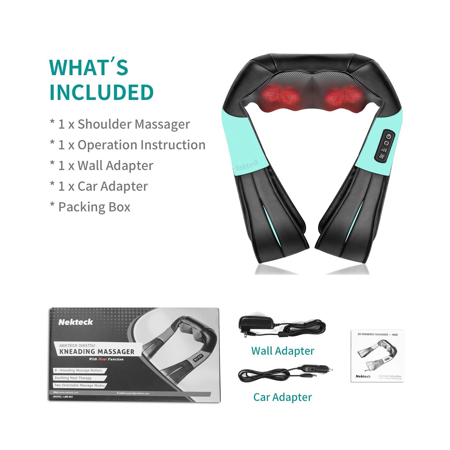 Nekteck Shiatsu Neck and Shoulder Massager with Heat , Electric Deep Tissue 3D Kneading Massage Pillow