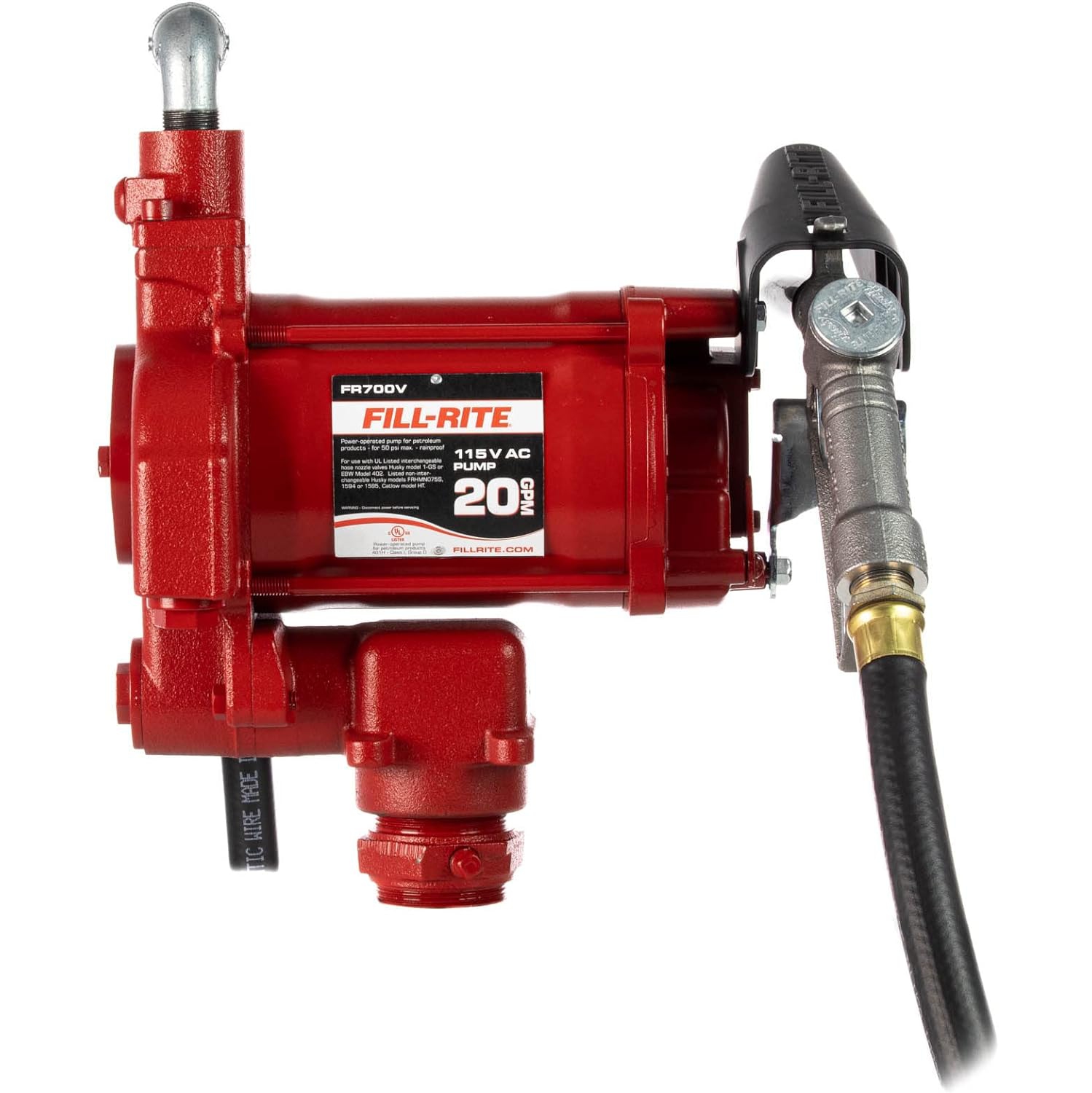 Fill-Rite FR700V Fuel Transfer Pump, 12' Delivery Hose, Manual Release Nozzle-115 Volt, 20 GPM