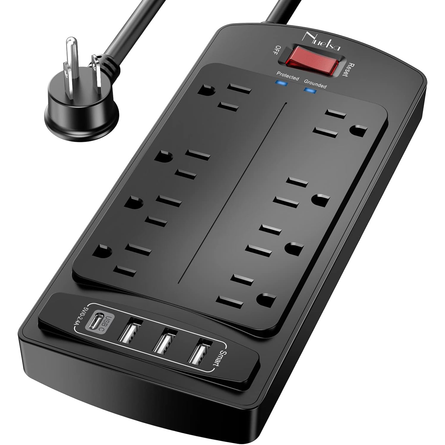 Nuetsa Surge Protector 8 AC Outlets and 4 USB Ports(3U1C), 6 Feet Power Strip (1625W/13A) for for Home, Office, 2700 Joules, ETL Listed, Black