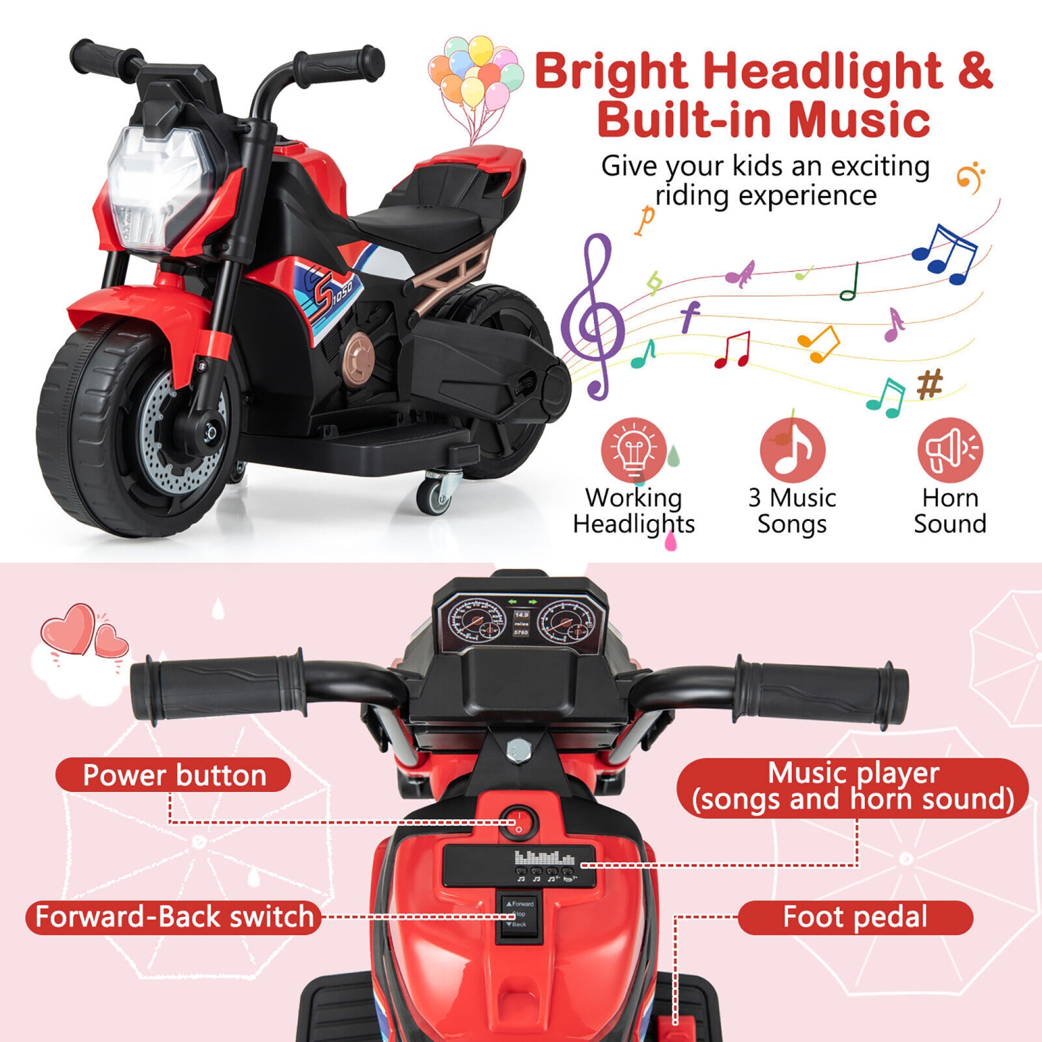 Gymax 2-in-1 Kids Electric Motorcycle w/ Detachable Training Wheels Headlight & Horn