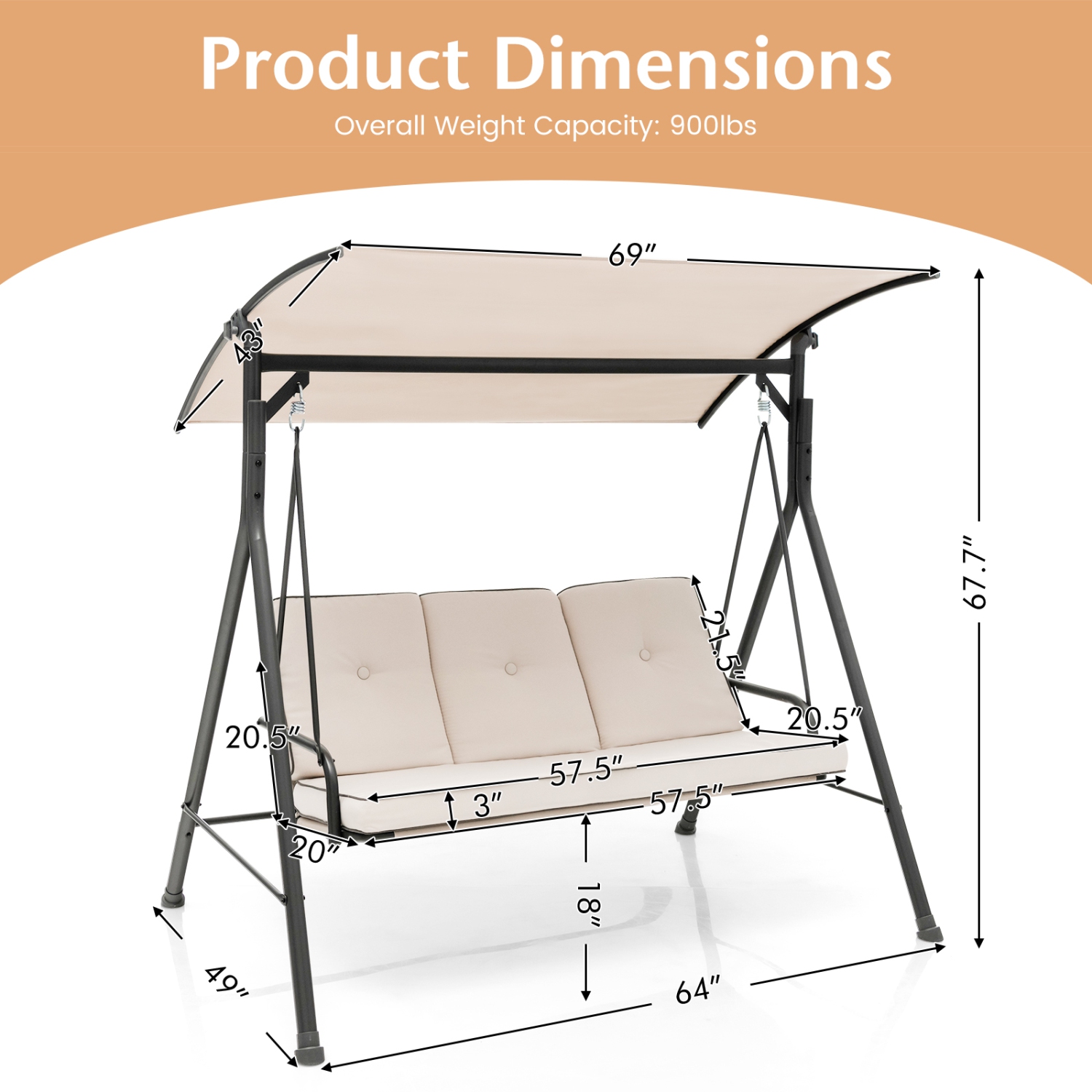 Gymax 3PCS Hammock Chair Patio Porch Swing w/ Adjustable Canopy Removable Pads