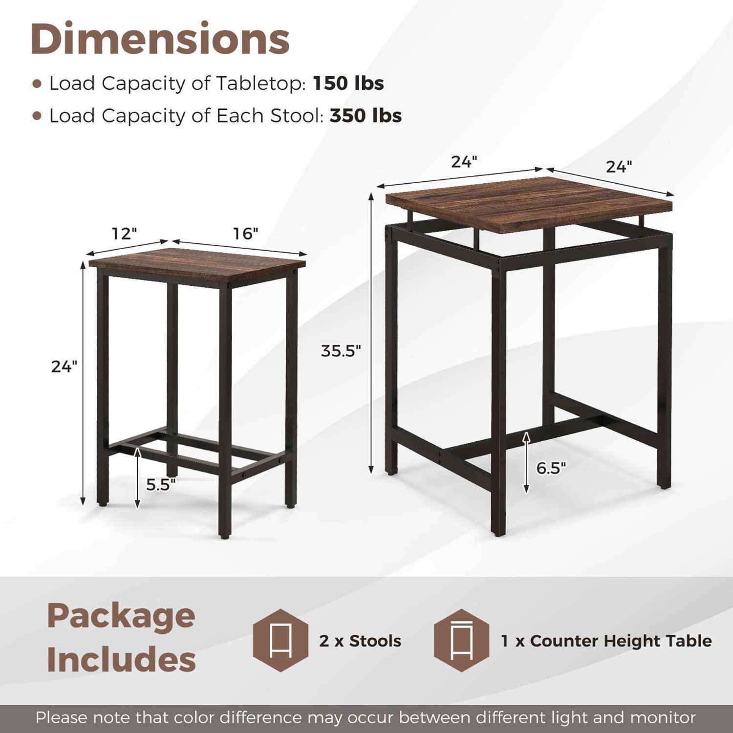 Gymax Counter Height Table w/ 2 Stools Floating Tabletop & Footrest Rustic Brown
