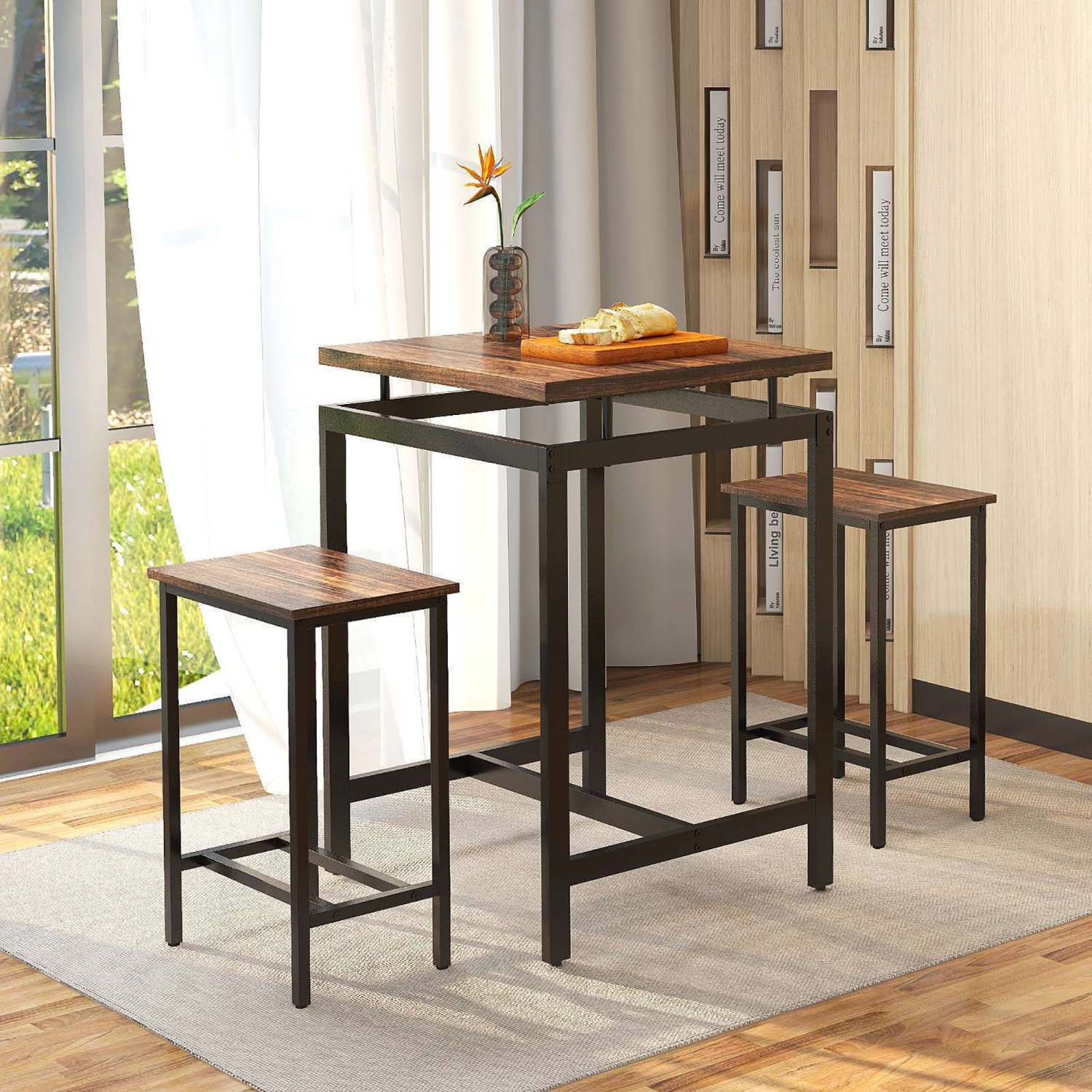 Gymax Counter Height Table w/ 2 Stools Floating Tabletop & Footrest Rustic Brown