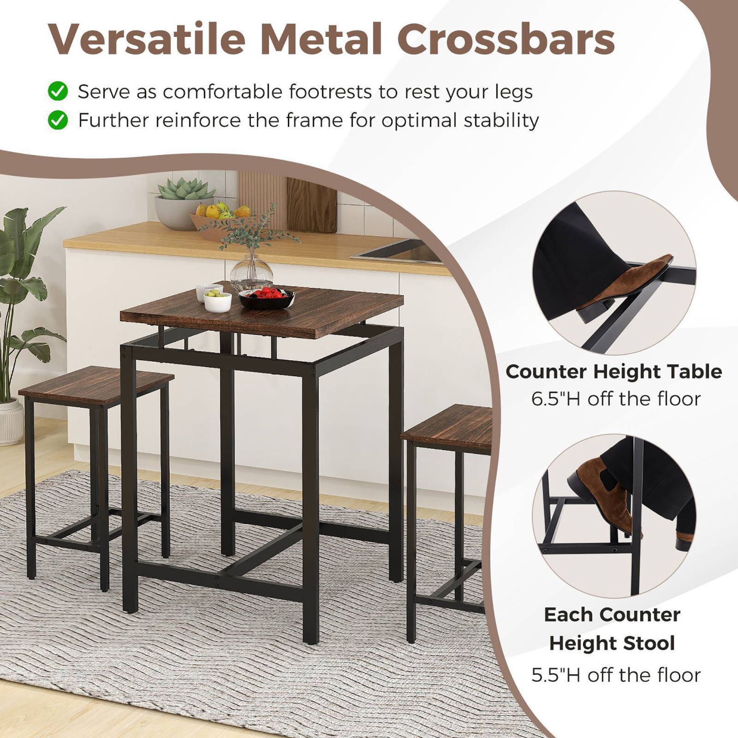 Gymax Counter Height Table w/ 2 Stools Floating Tabletop & Footrest Rustic Brown