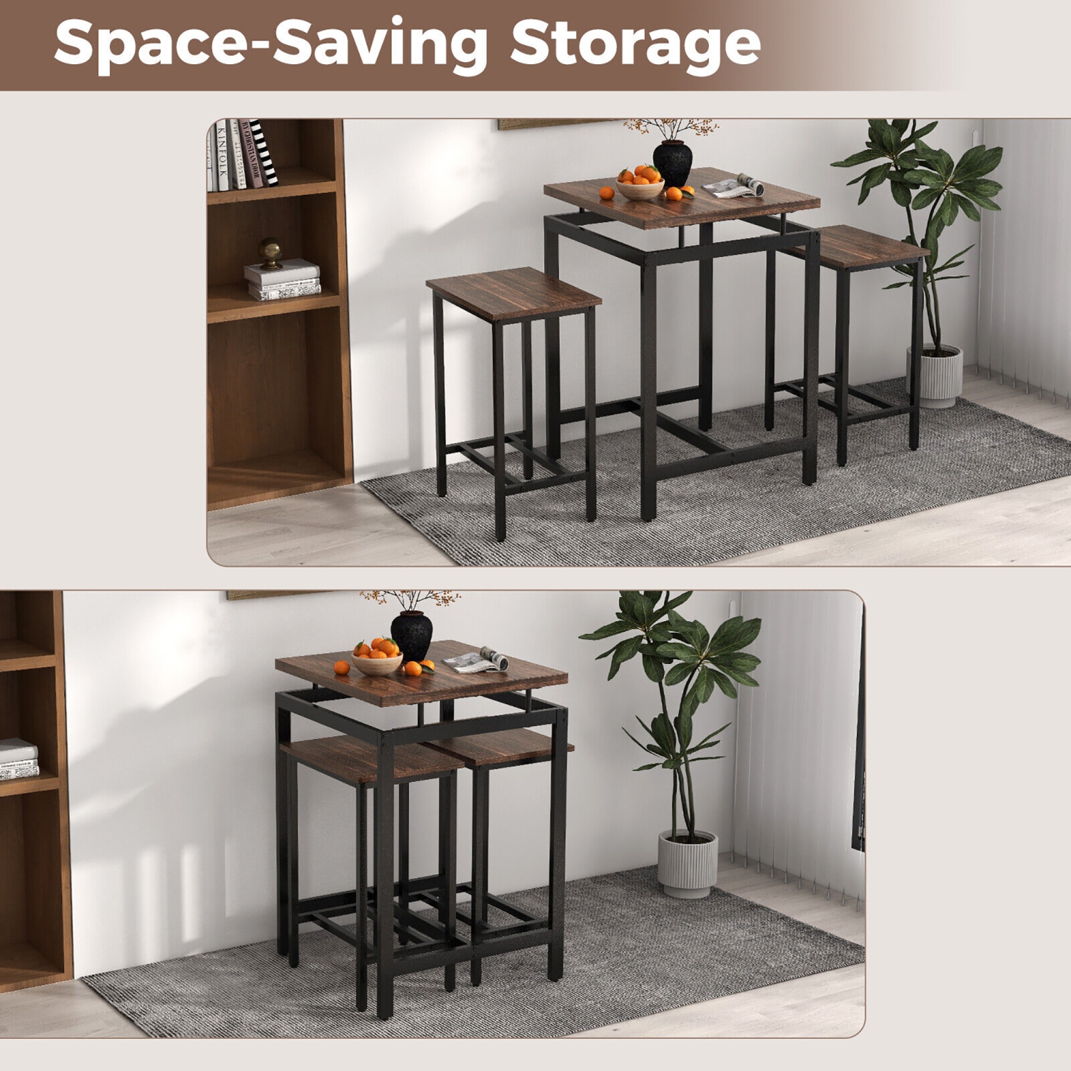 Gymax Counter Height Table w/ 2 Stools Floating Tabletop & Footrest Rustic Brown