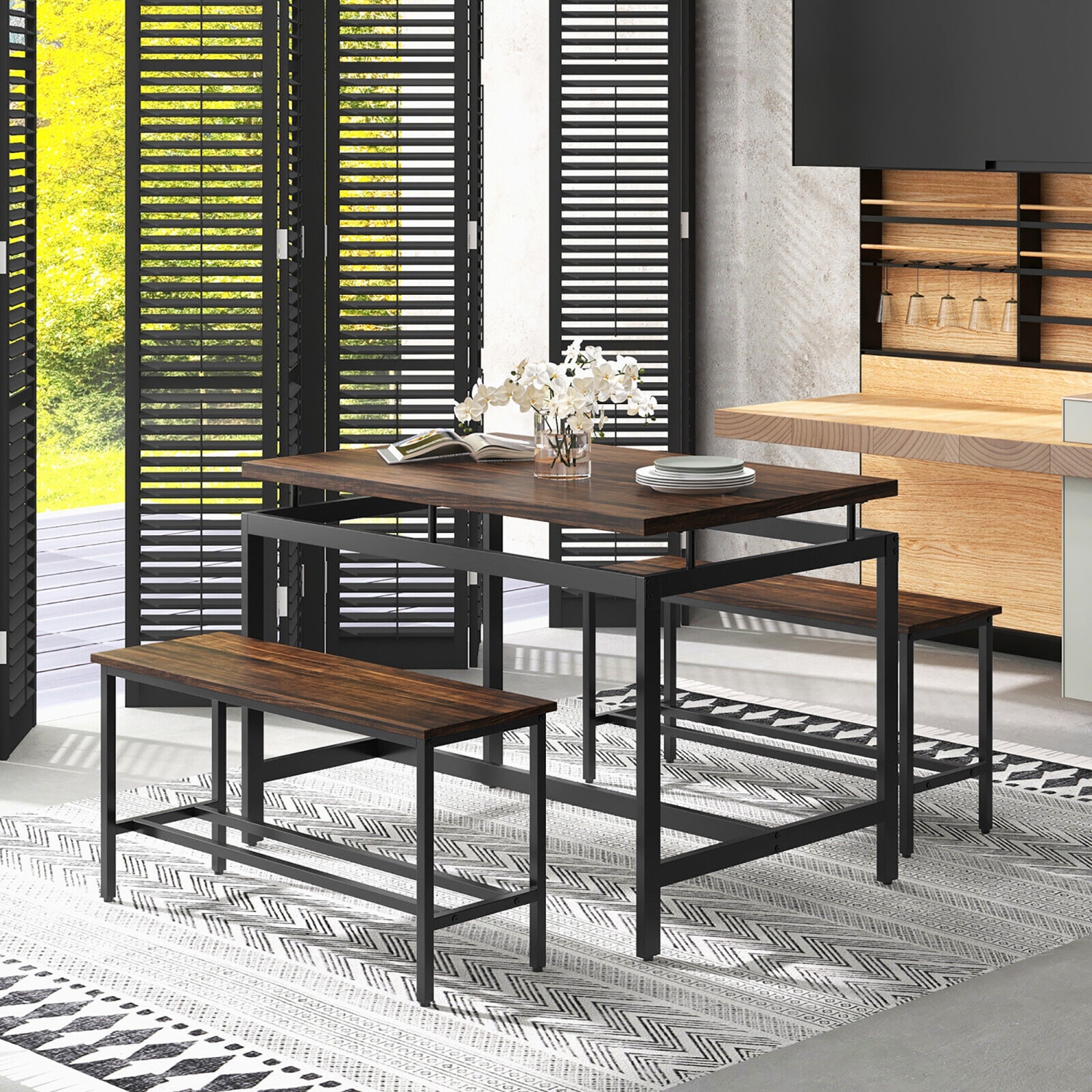 Gymax 3 PCS Dining Table Set for 4 w/ 43" Wooden Kitchen Table 2 Benches Metal Frame