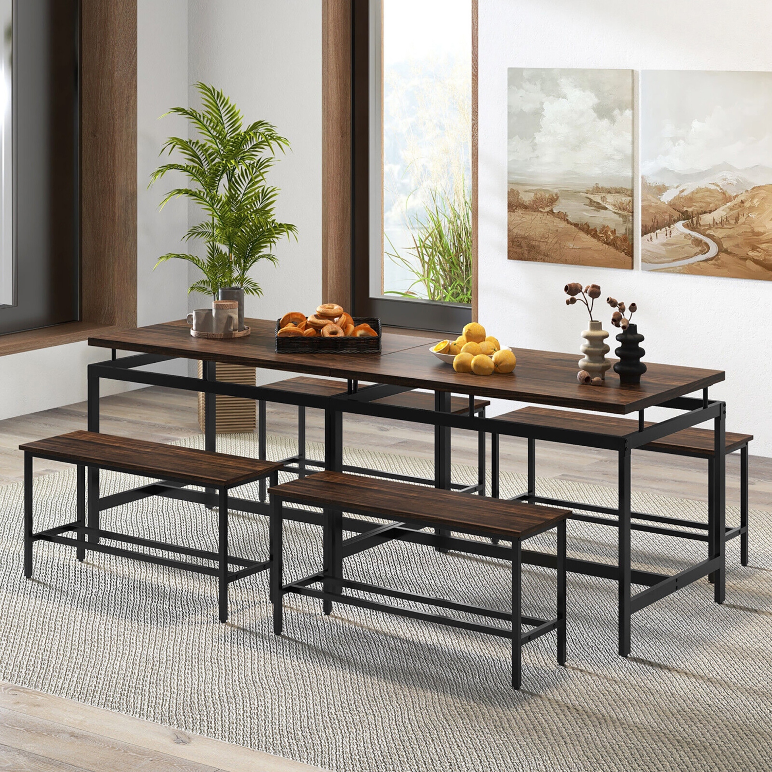 Gymax 3 PCS Dining Table Set for 4 w/ 43" Wooden Kitchen Table 2 Benches Metal Frame