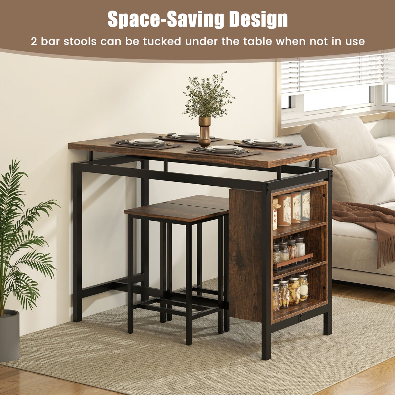 Gymax 3-Piece Dining Table Set Bistro Table & 2 Bar Stools w/ 3-Tier Storage Shelf
