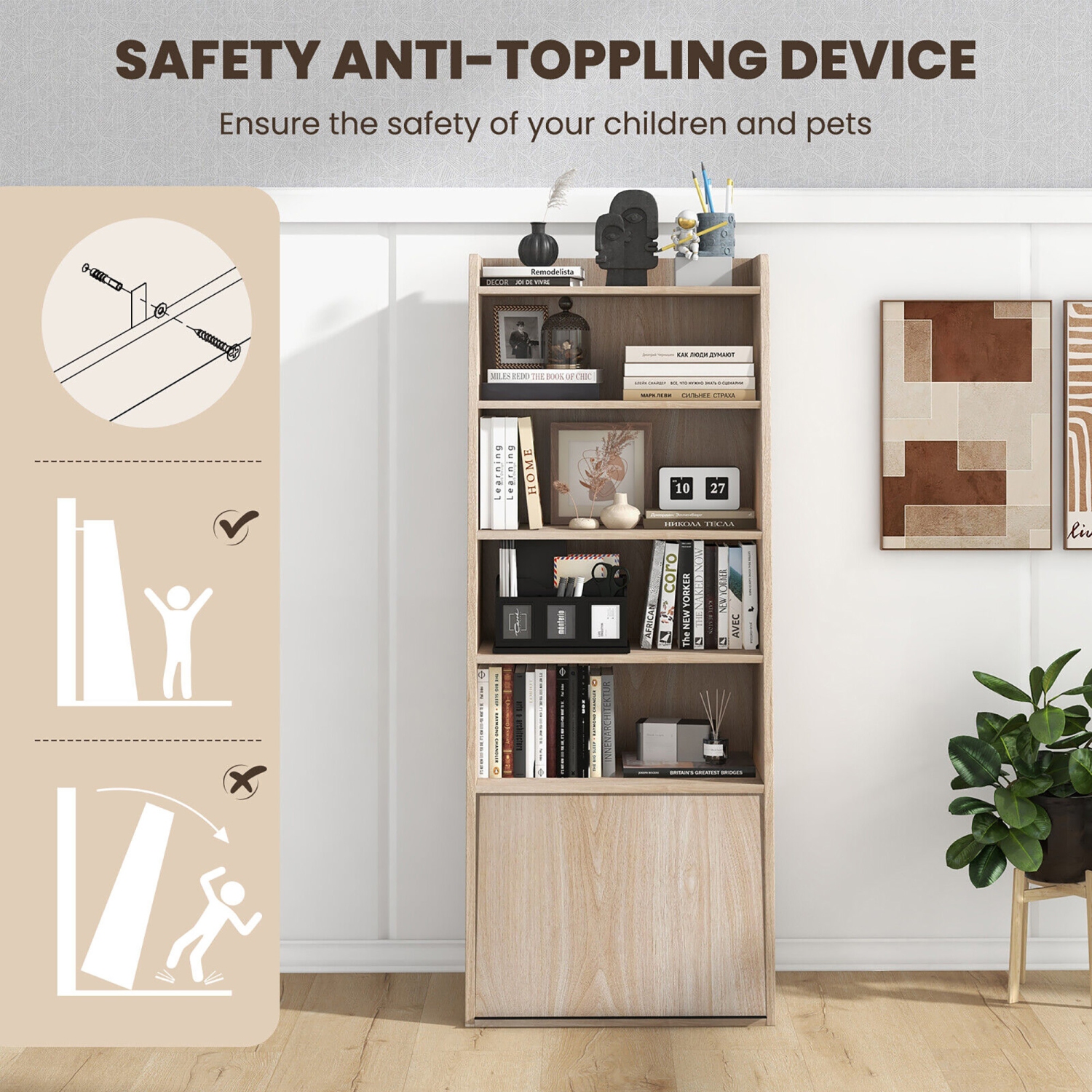 Gymax 6-tier Bookcase w/ 2 Adjustable Shelves Filp-up Door 5 Open Shelves Bedroom