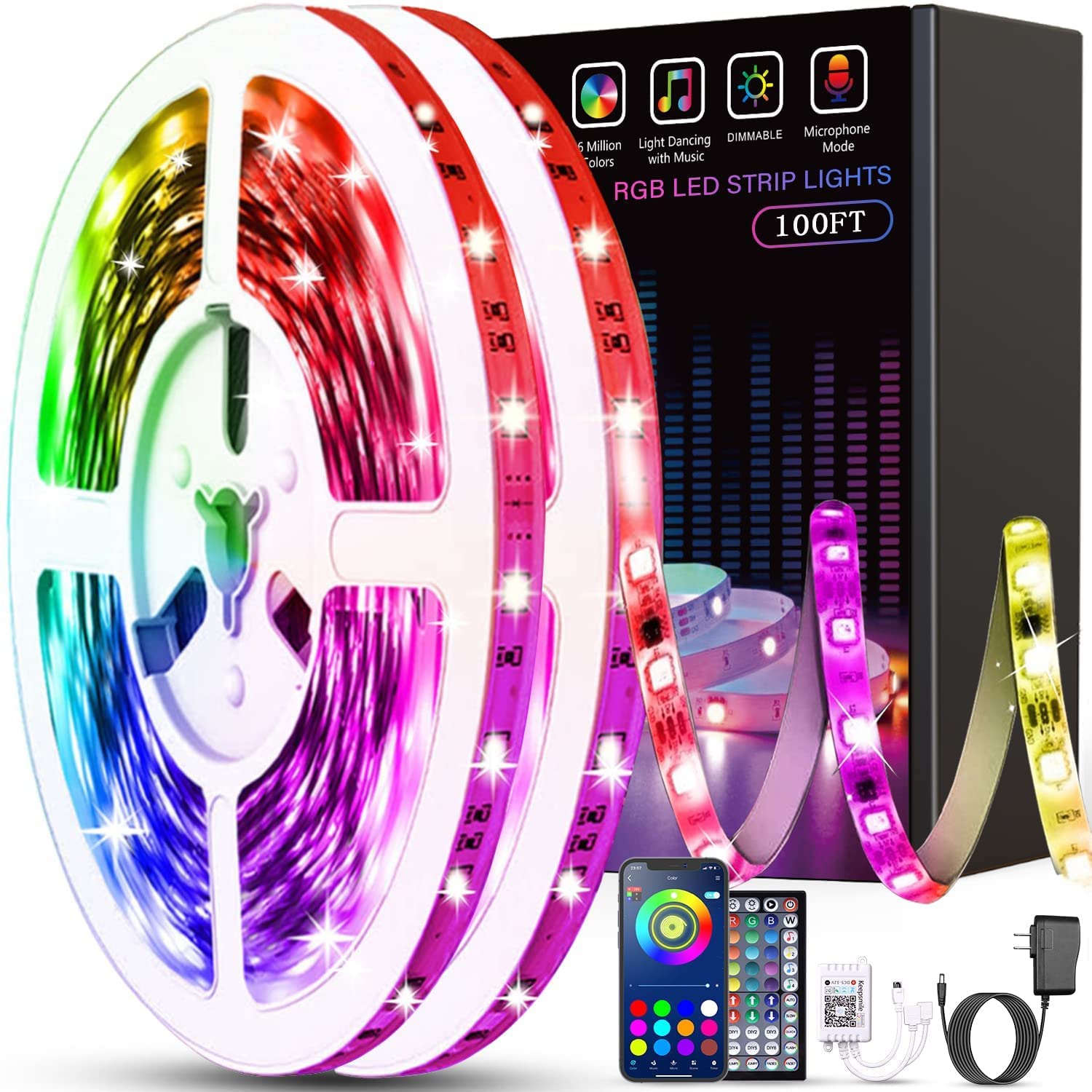 100ft LED Strip Lights (2 Rolls of 50ft): Smart Music Sync Color Changing RGB LED Strip with App and Remote Control for Bedroom, Home Party Decoration