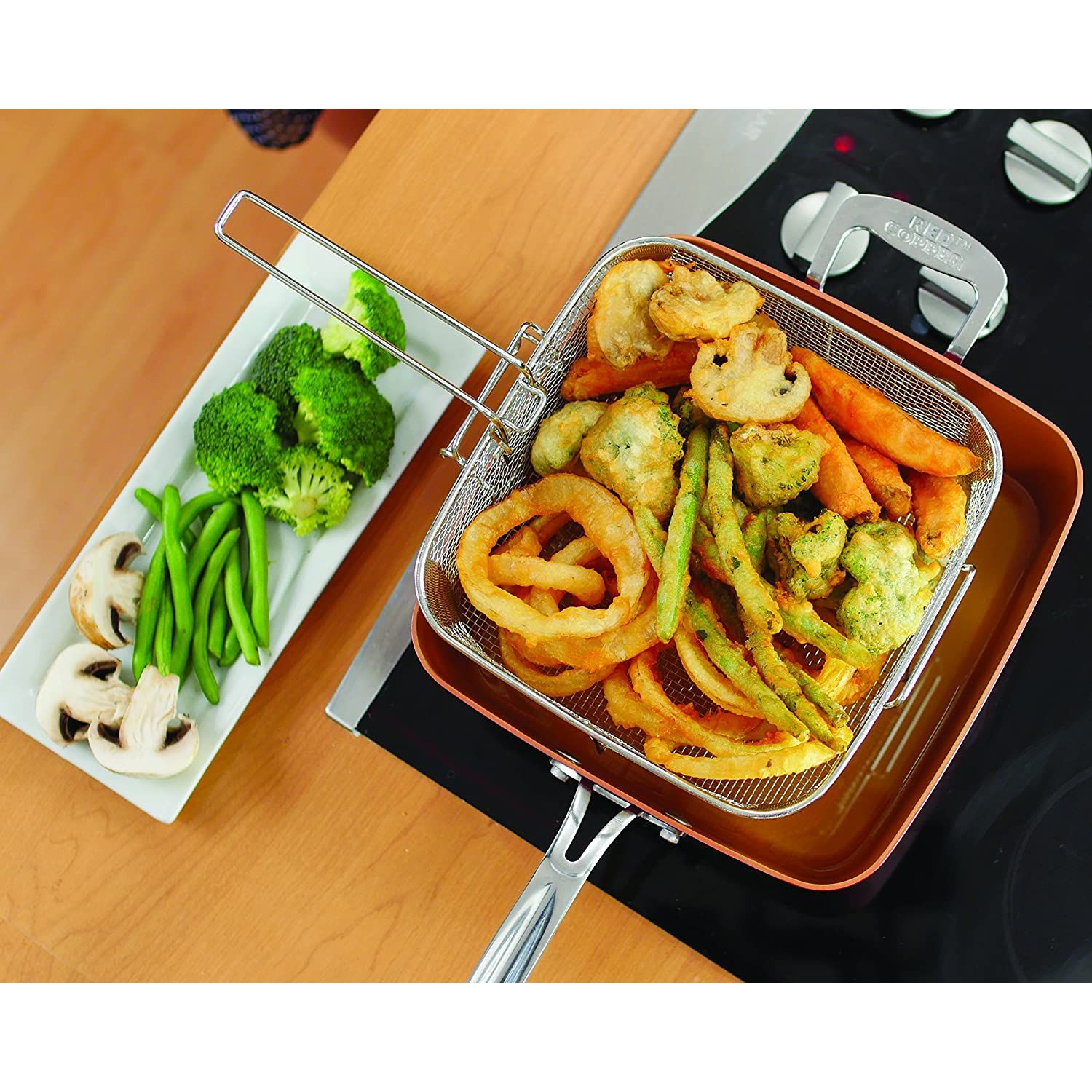 Batterie de cuisine antiadhésive en céramique carrée, cuivre rouge, 5 pièces