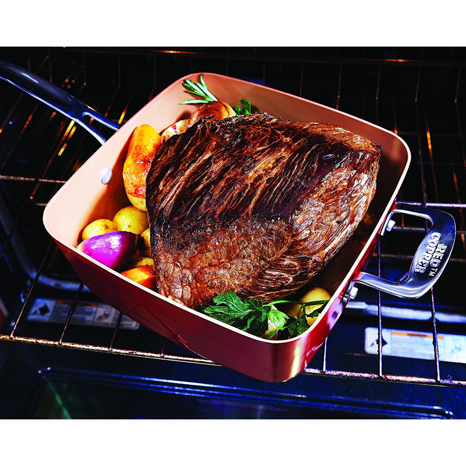 Batterie de cuisine antiadhésive en céramique carrée, cuivre rouge, 5 pièces