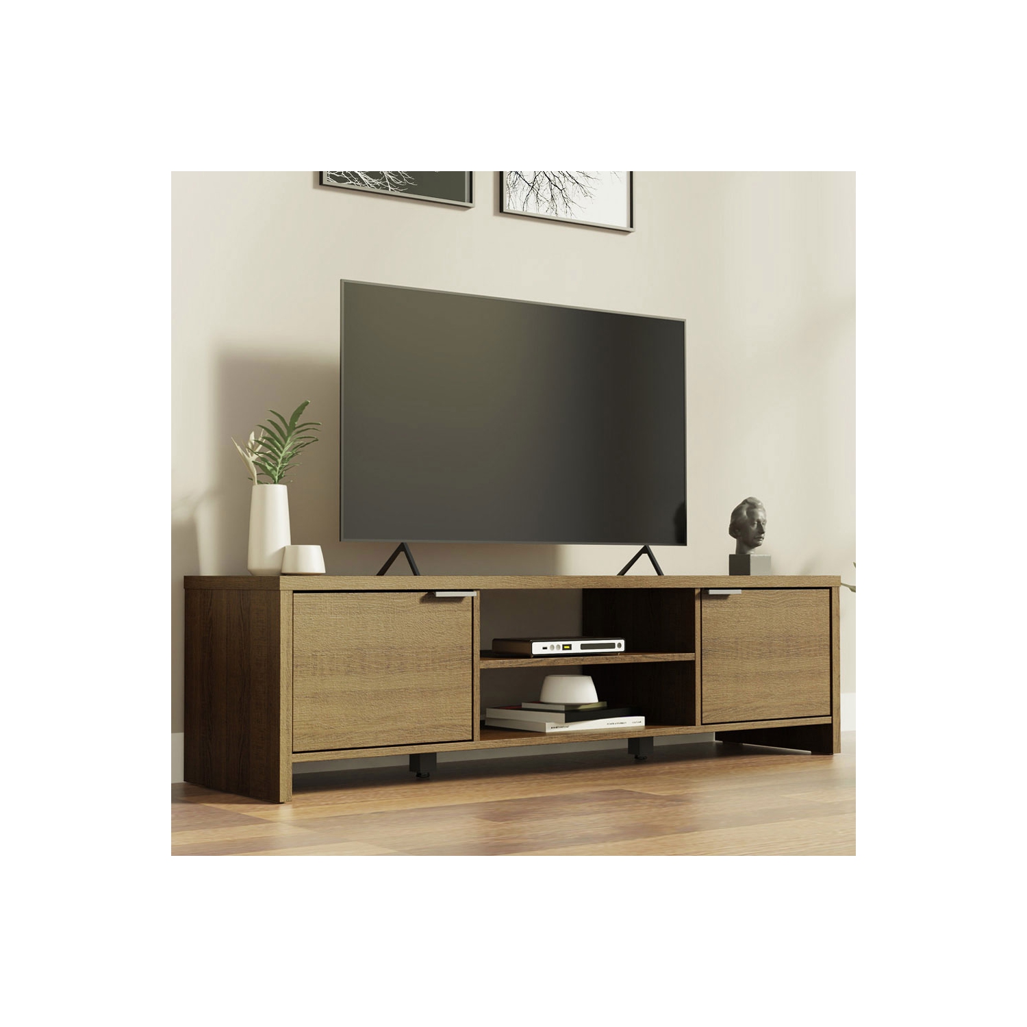 Meuble multimédia Madesa pour téléviseur avec espace de rangement et organisation des câbles, meuble pour téléviseur jusqu’à 65 po, en bois, 16 x 15