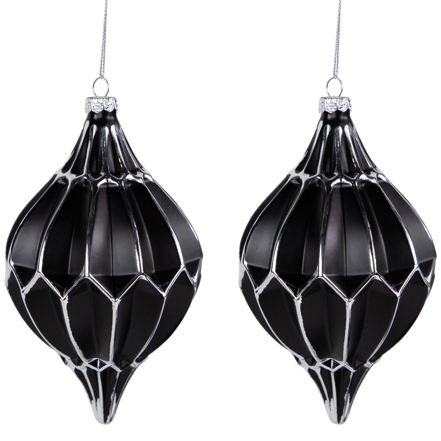 Set of 2 Matte Black and Silver Finial Christmas Glass Ornaments 5"