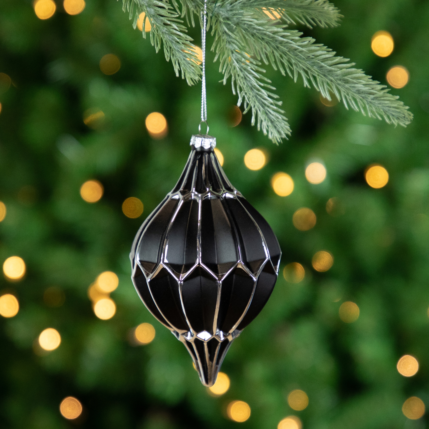 Set of 2 Matte Black and Silver Finial Christmas Glass Ornaments 5"