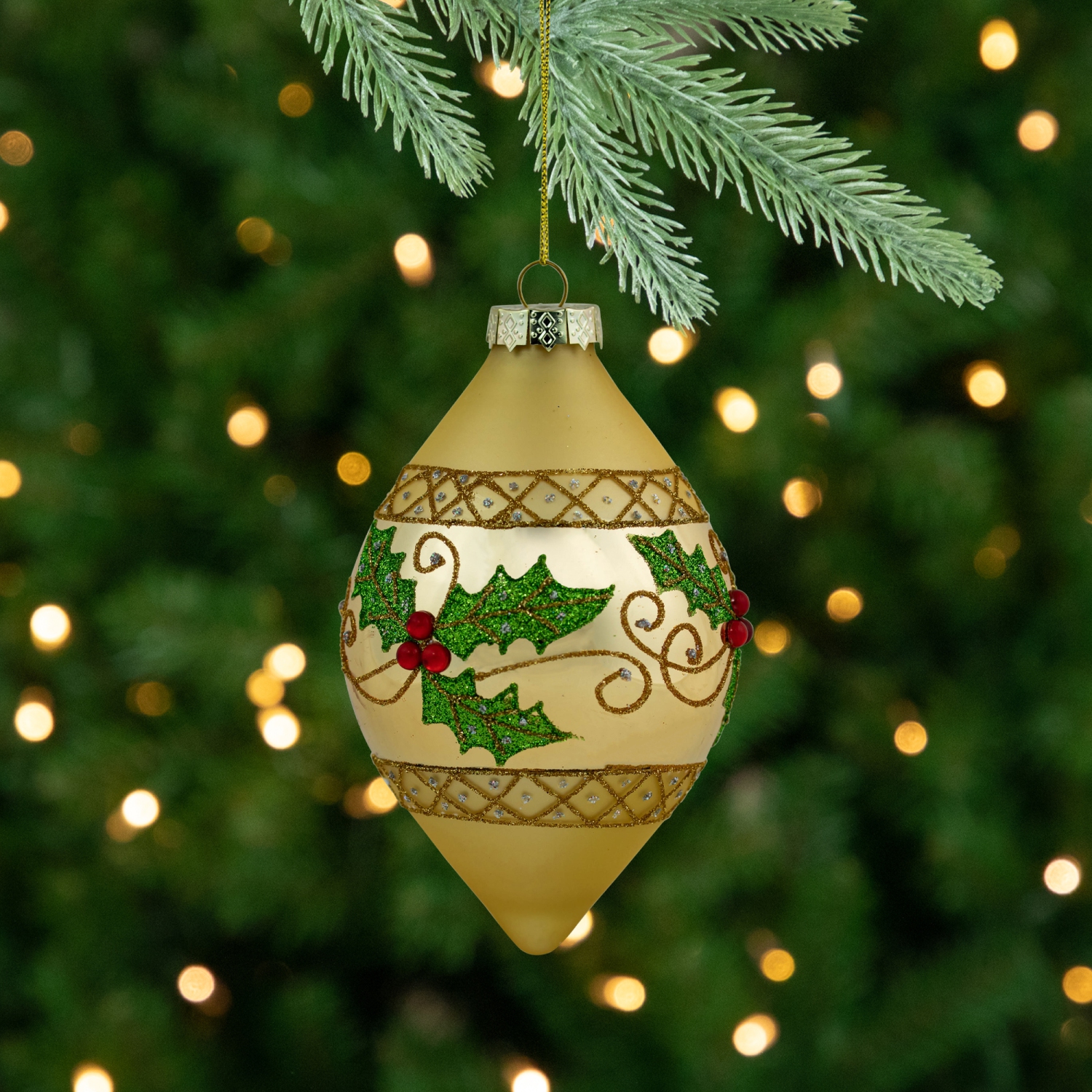 Set of 2 Golden Glitter Holly Finial Christmas Glass Ornaments 5"