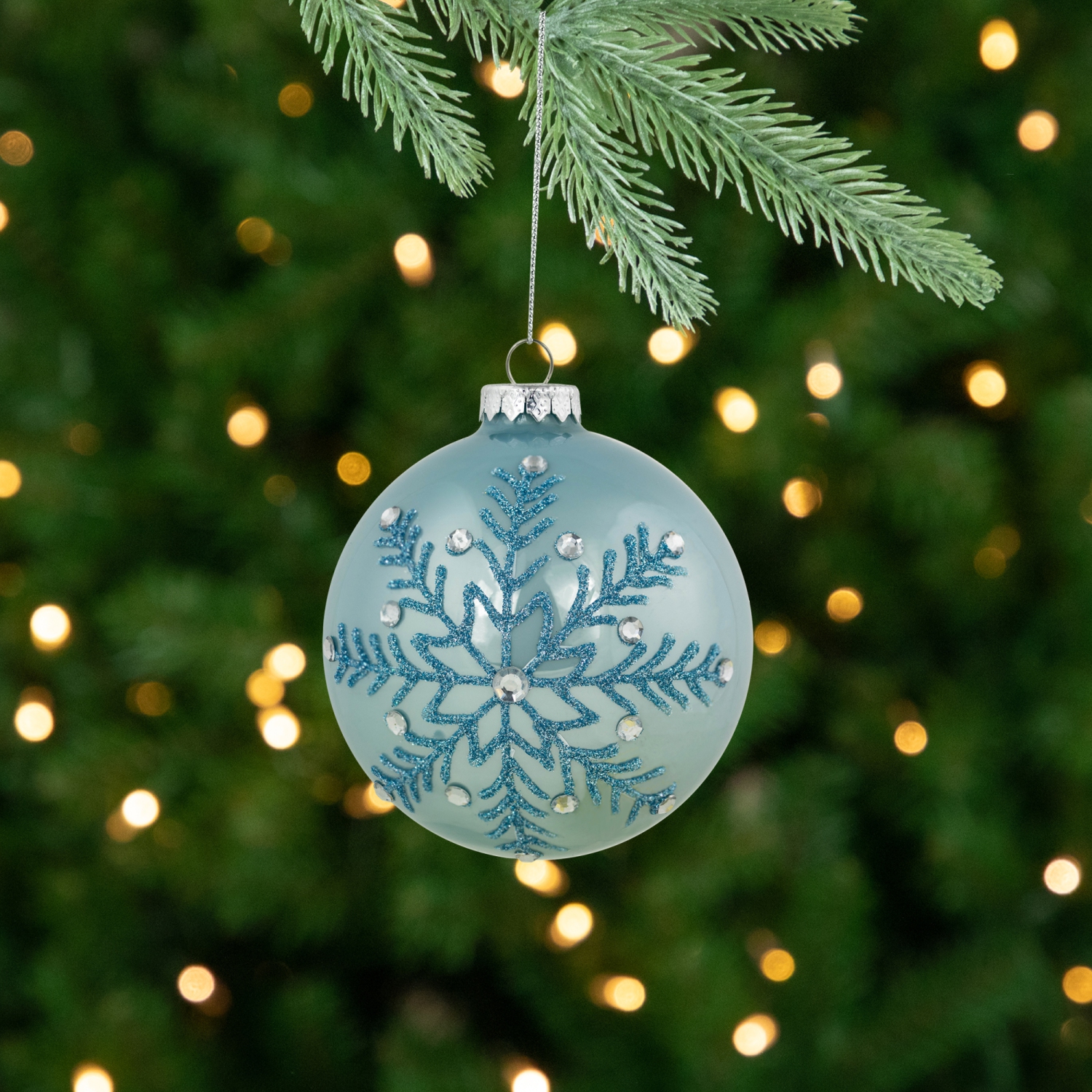 Glittered and Jeweled Snowflake Christmas Glass Ball Ornaments - 4" - Ice Blue