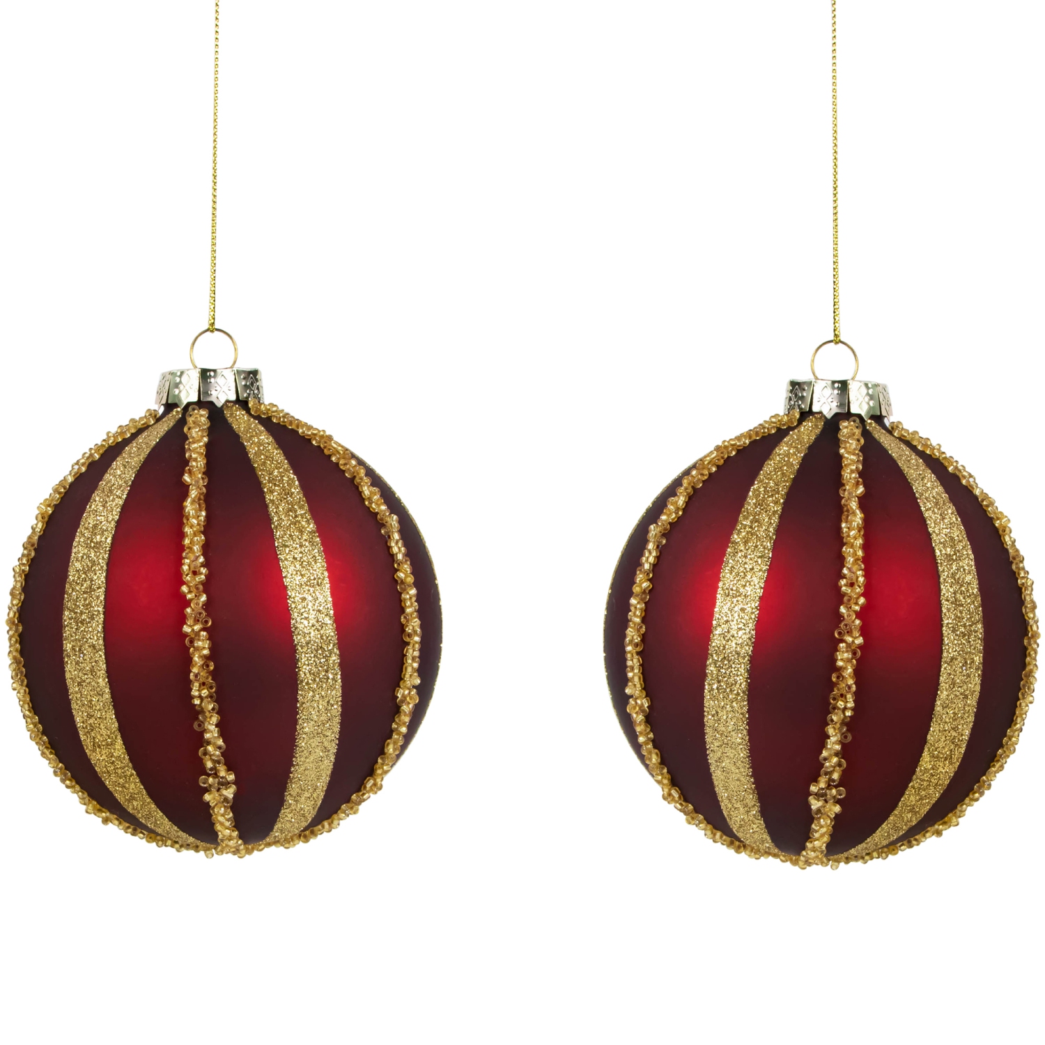 Beaded Stripes Christmas Glass Ball Ornaments - 4" - Burgundy and Gold - Set of 2