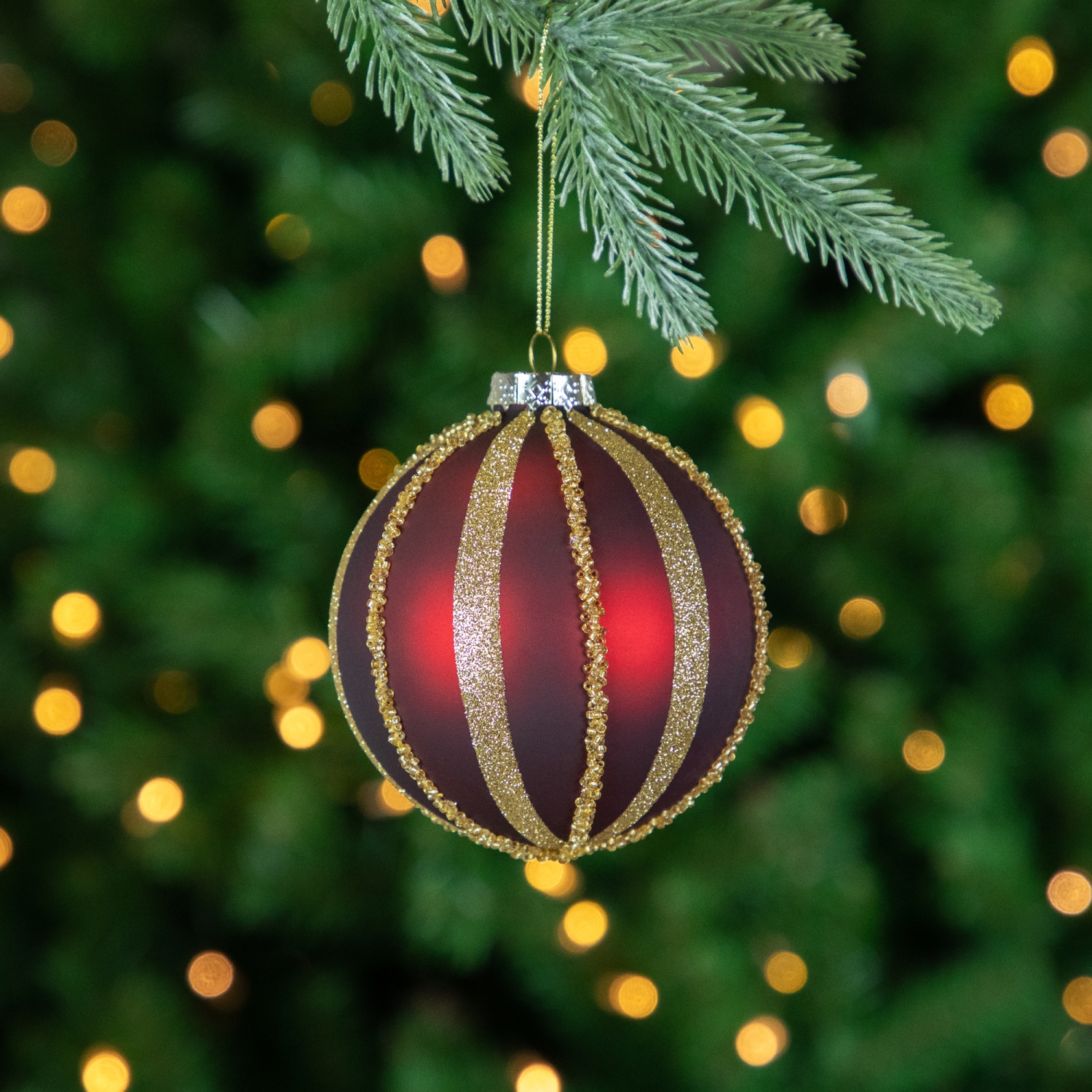 Beaded Stripes Christmas Glass Ball Ornaments - 4" - Burgundy and Gold - Set of 2