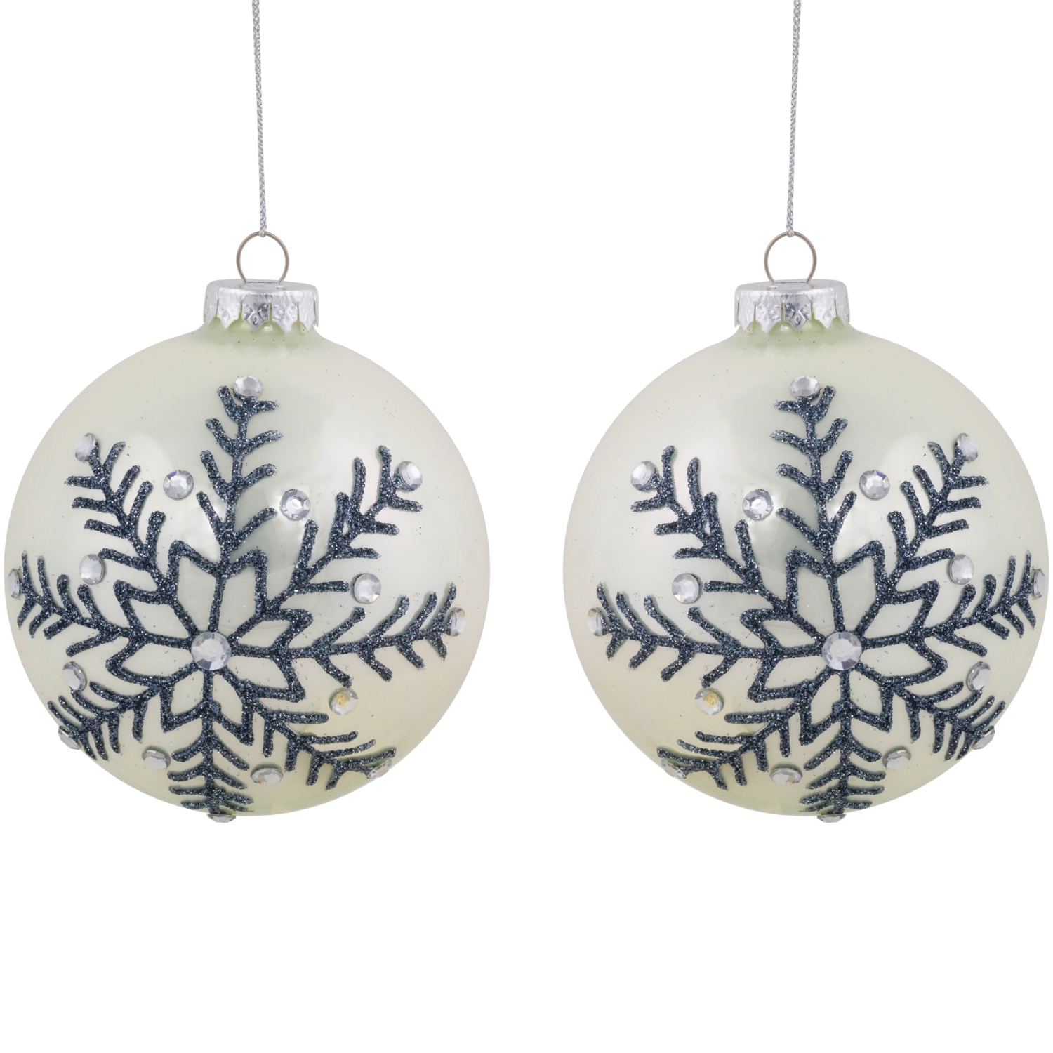 Glittered Snowflake Shiny Christmas Glass Ball Ornaments - 4" - White - Set of 2