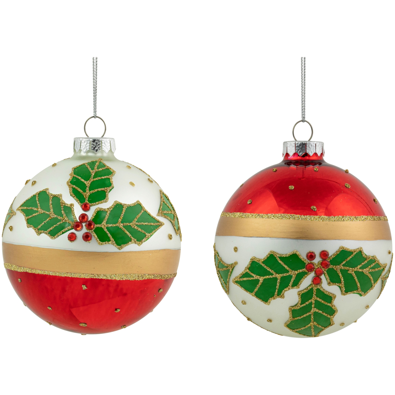 Holly and Berry Striped Christmas Glass Ball Ornaments - 4" - White and Red - Set of 2