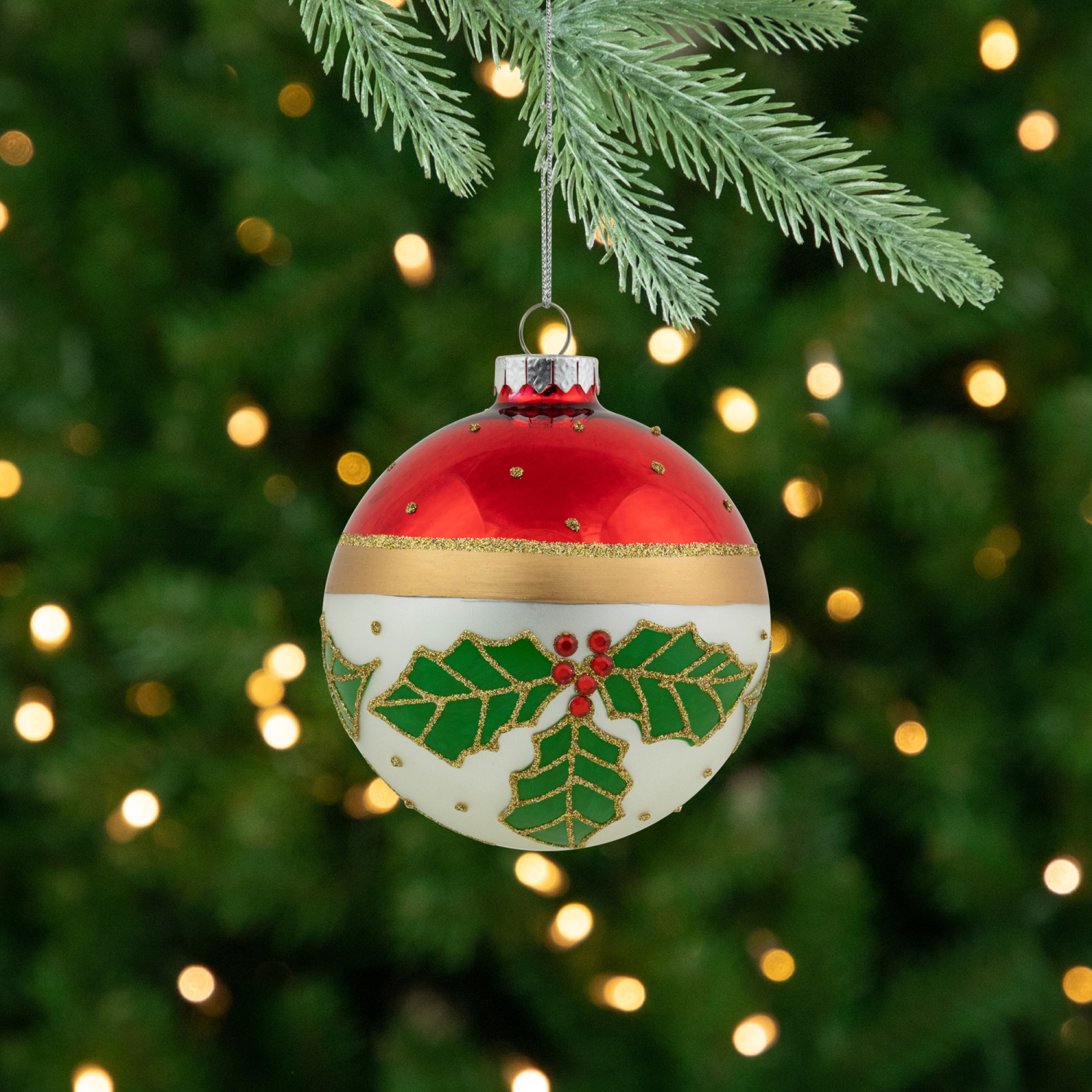 Holly and Berry Striped Christmas Glass Ball Ornaments - 4" - White and Red - Set of 2