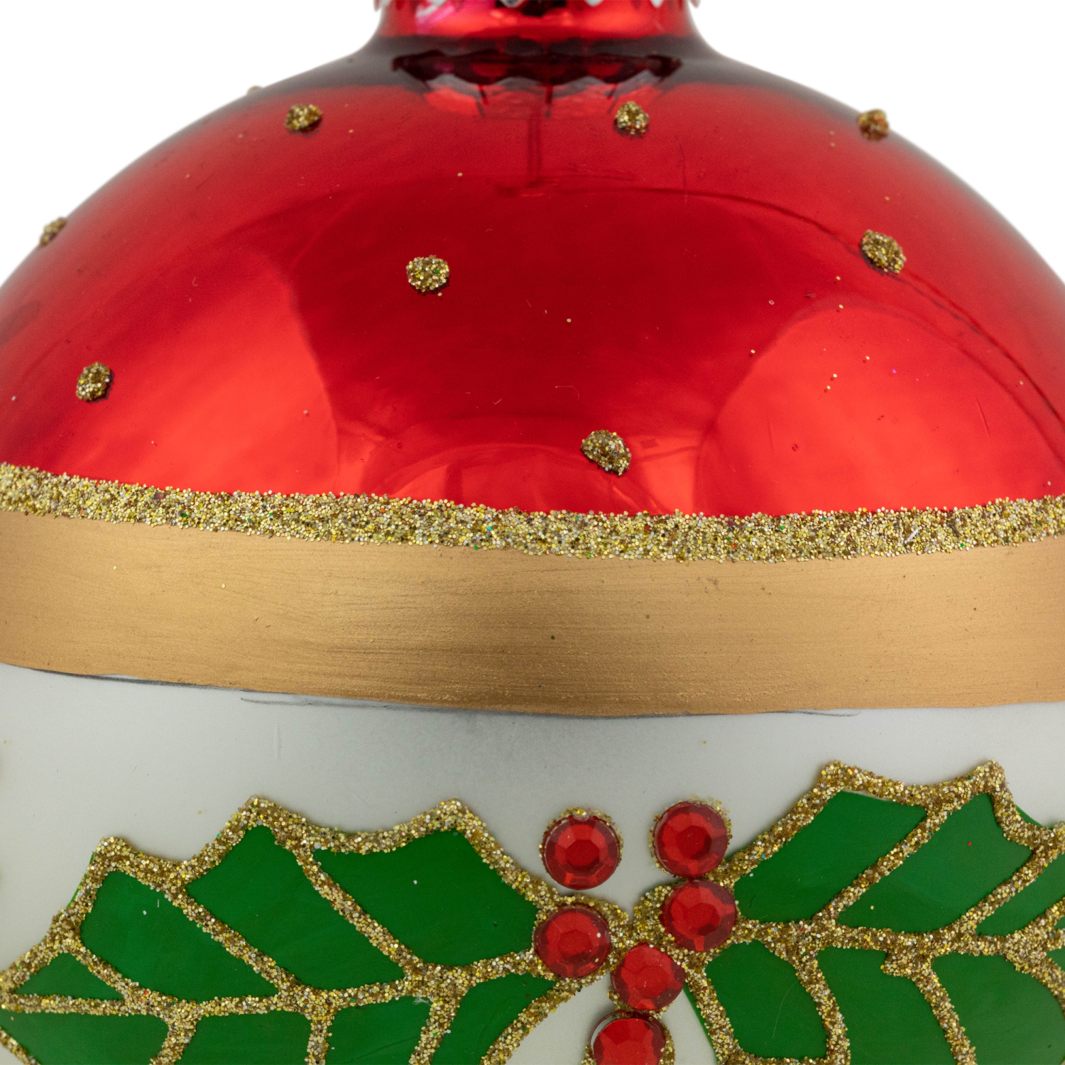 Holly and Berry Striped Christmas Glass Ball Ornaments - 4" - White and Red - Set of 2