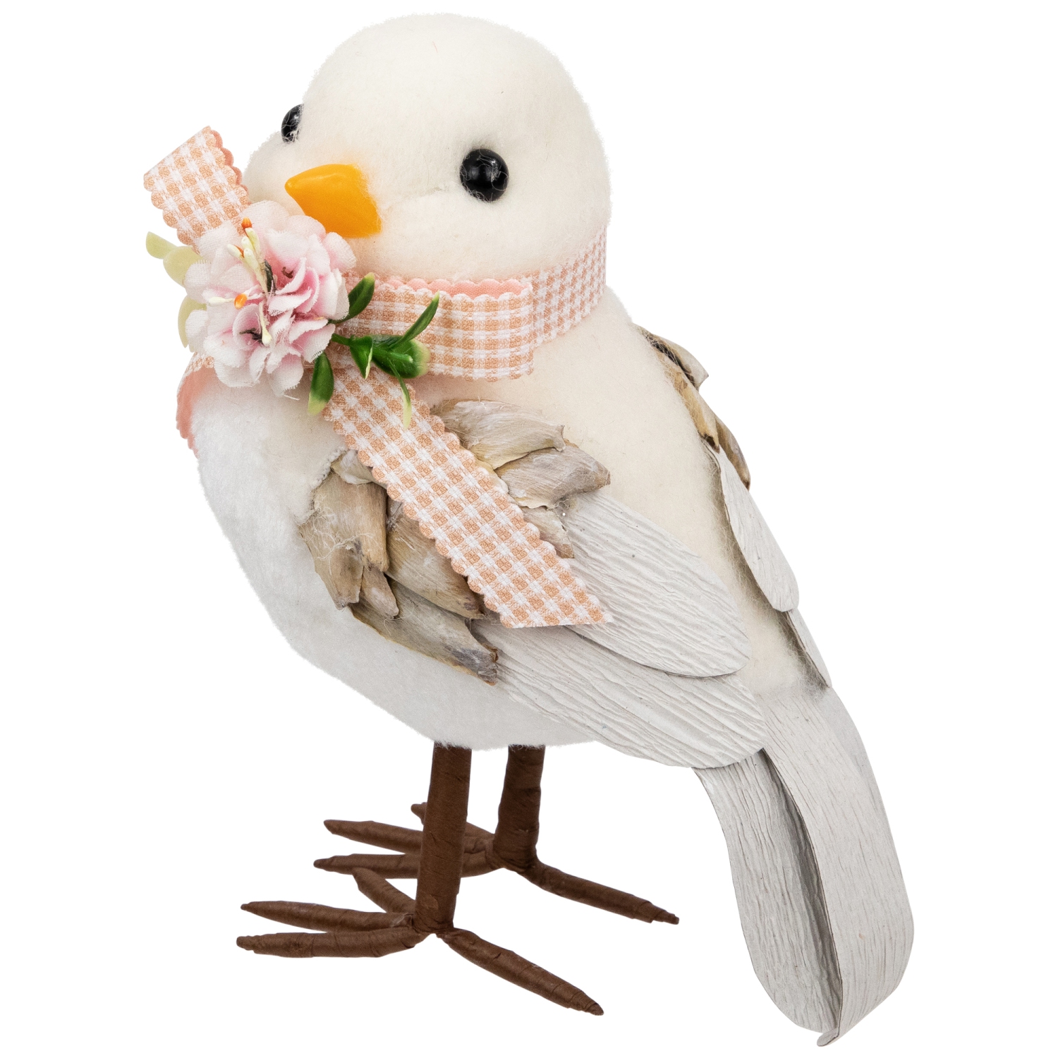 Figurine d'oiseau en peluche avec boucle en guingan - 7 po - Beige