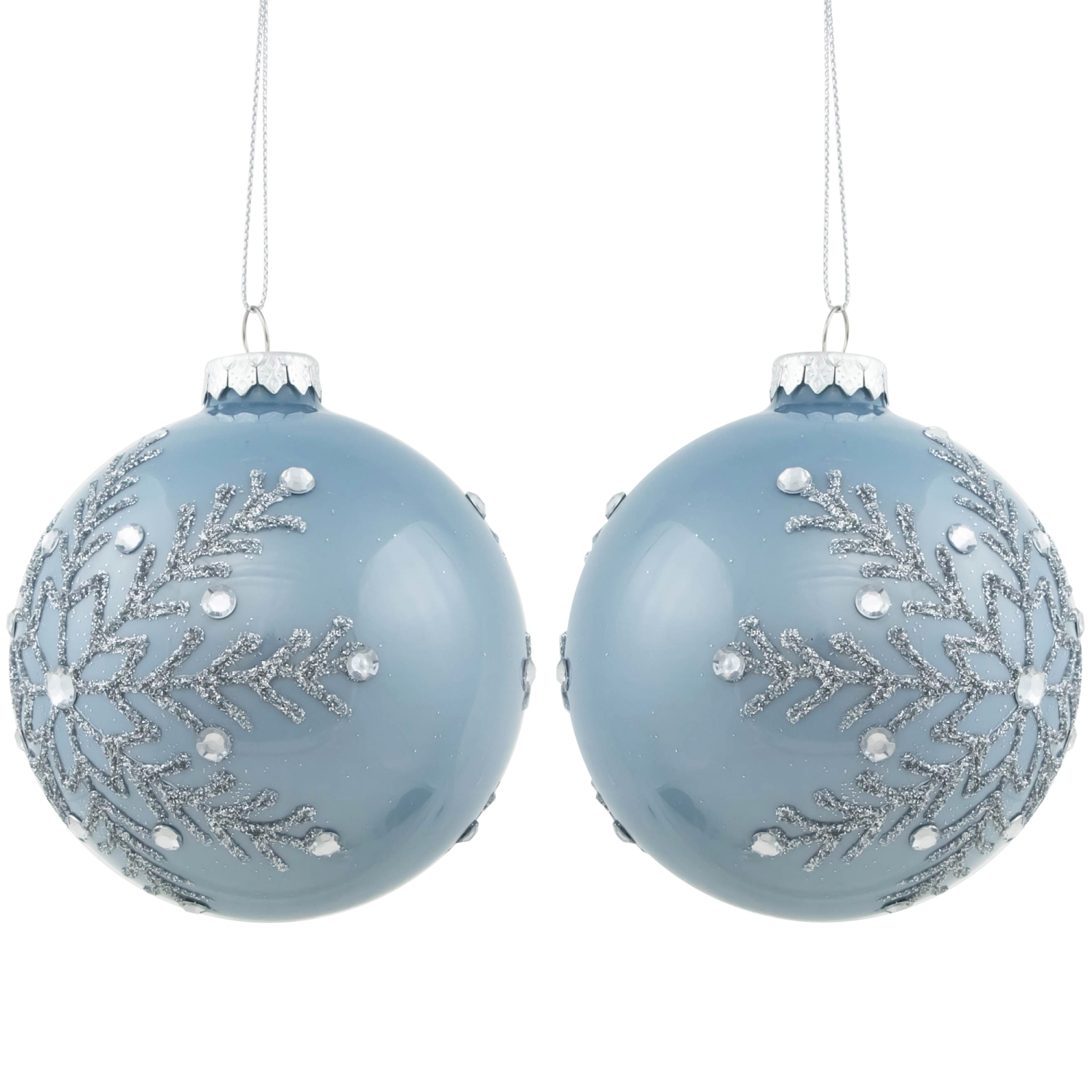 Jeweled Glitter Snowflakes Christmas Glass Ball Ornaments - 4" - French Blue - Set of 2