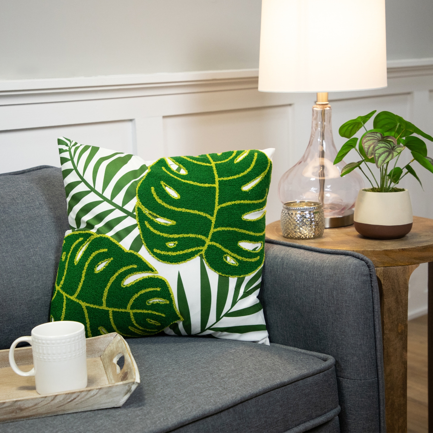 Coussin décoratif avec feuilles de palmier tropical - 16 po - Vert et blanc