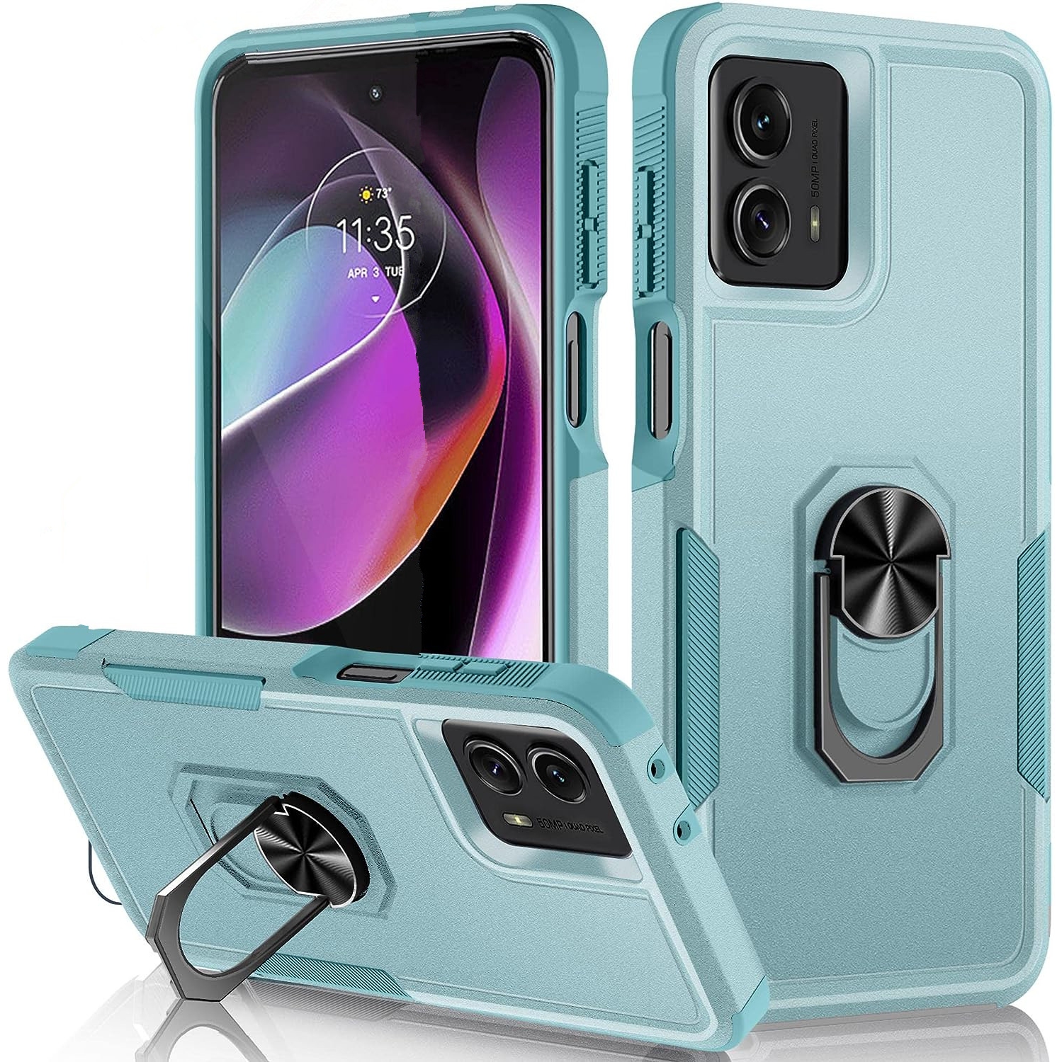 [CS] Dual Layers Heavy Duty Magnetic Hard Kickstand Case with Ring Holder for Motorola Moto G Play 2024, Teal