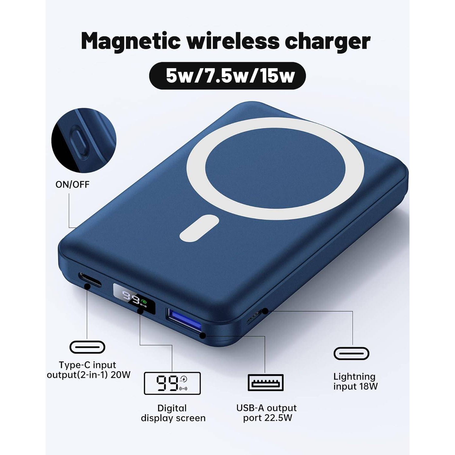 Chargeur portatif sans fil magnétique, chargeur portable 22,5&nbsp;W PD, batterie 10000&nbsp;mAh pliable avec écran DEL, recharge rapide pour iPhone