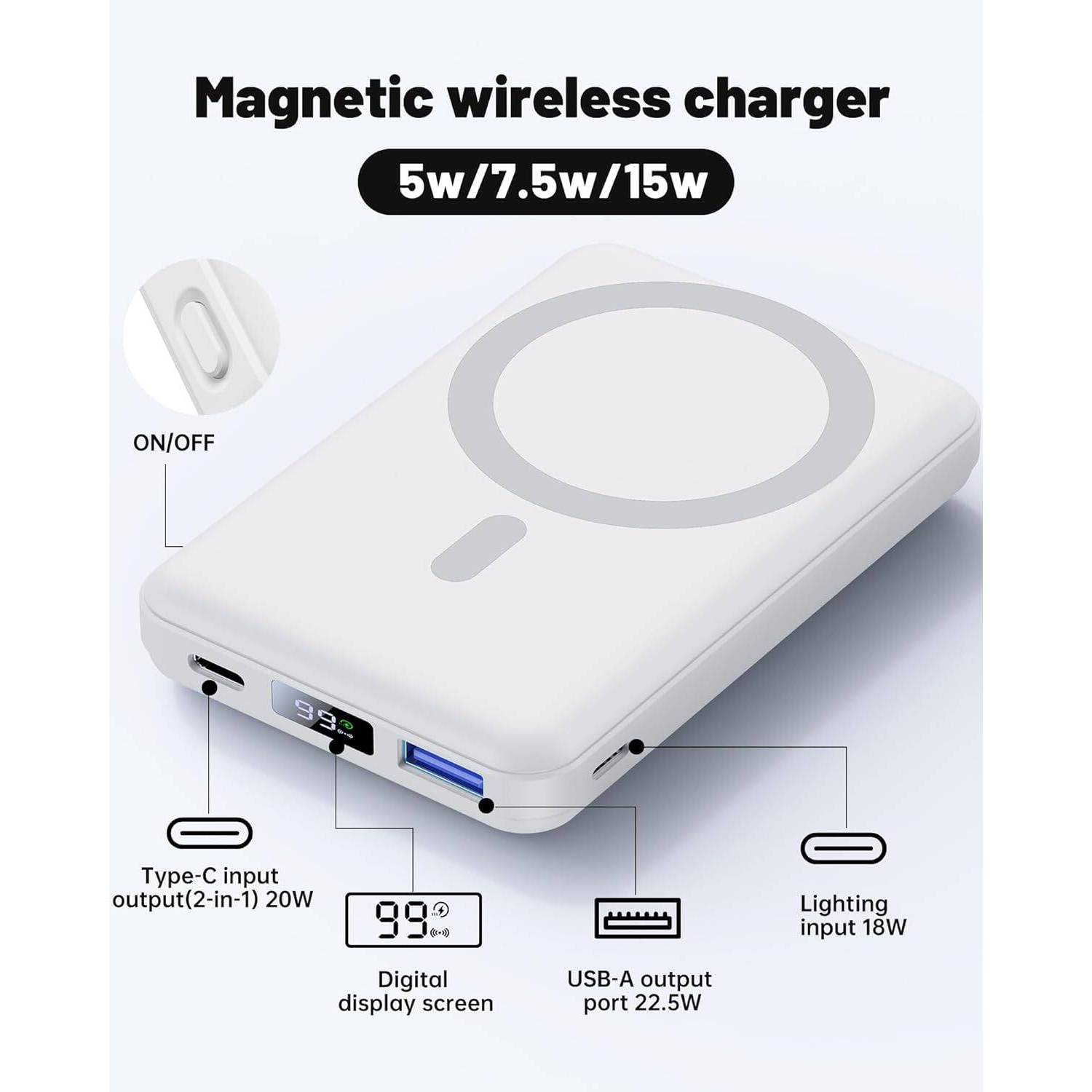Chargeur portatif sans fil magnétique, chargeur portable 22,5&nbsp;W PD, batterie 10000&nbsp;mAh pliable avec écran DEL, recharge rapide pour iPhone